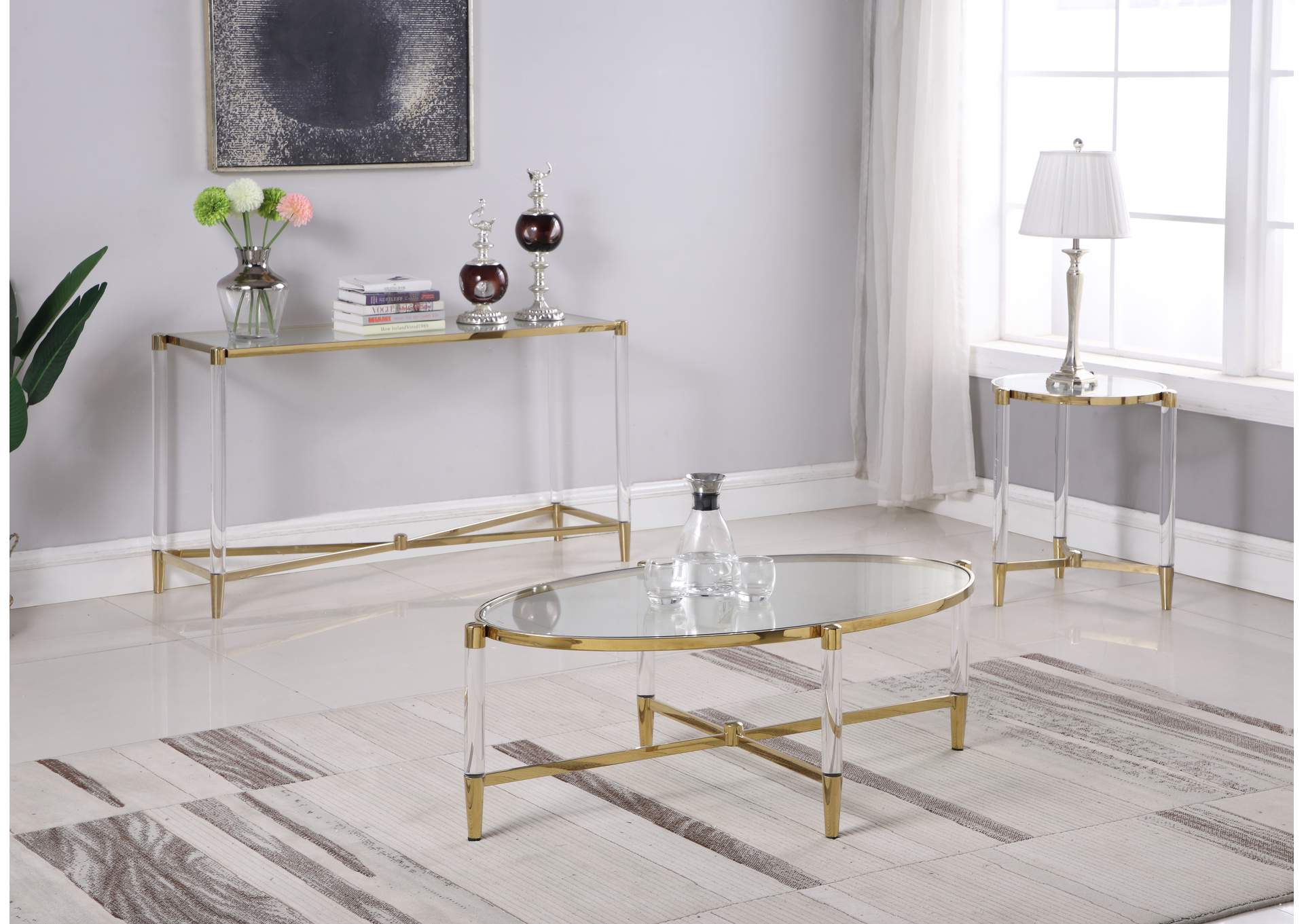 Denali Brass Oval Tempered Glass Cocktail Table,Chintaly Imports