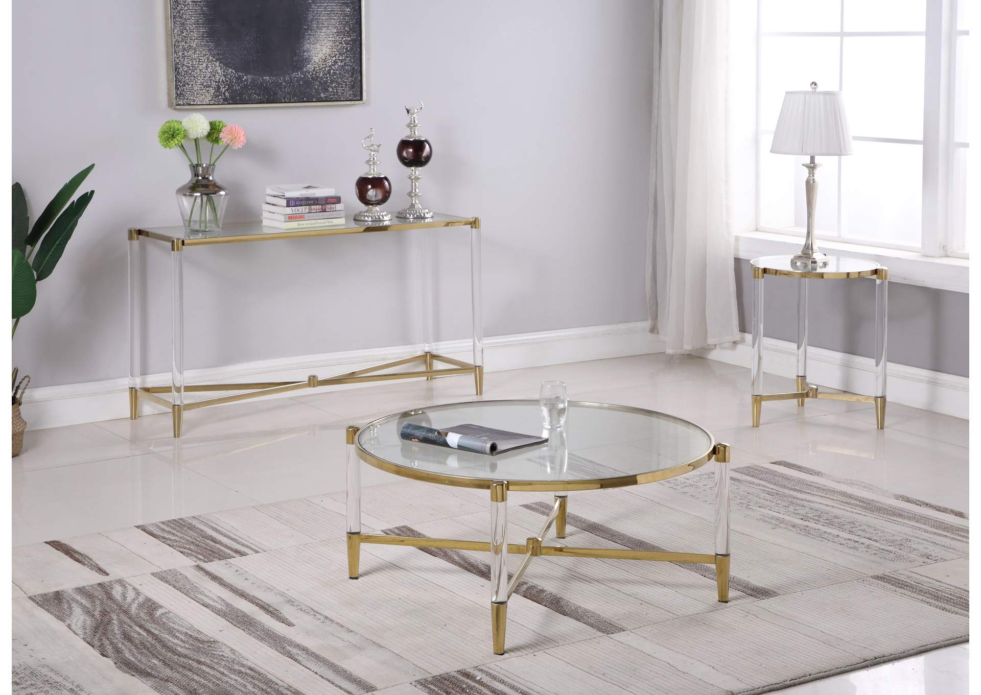 Denali Brass Round Tempered Glass Cocktail Table,Chintaly Imports