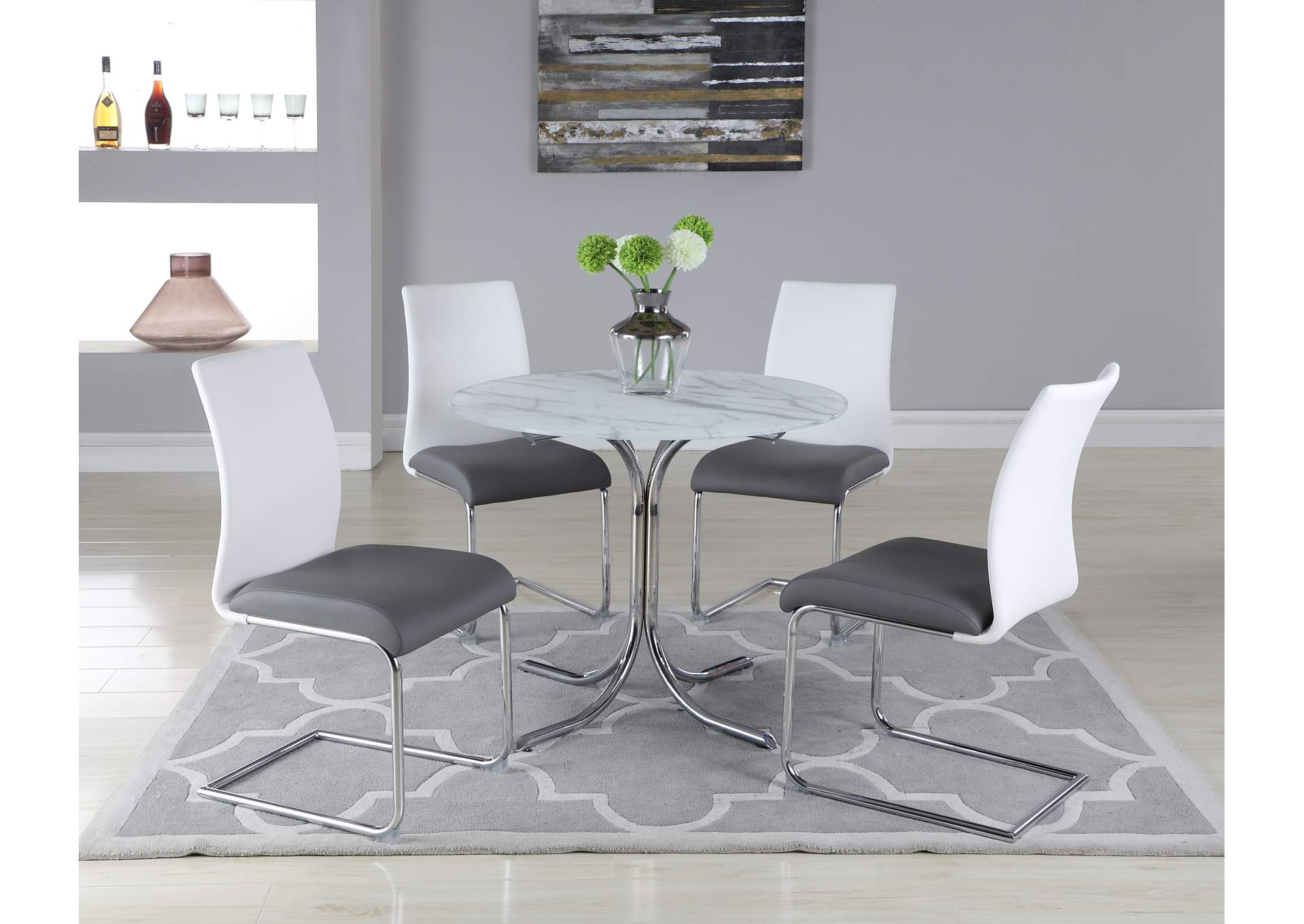 Dorothy Grey Round Glass Top 5 Piece Dining Set W/ 4 Jane Side Chairs,Chintaly Imports