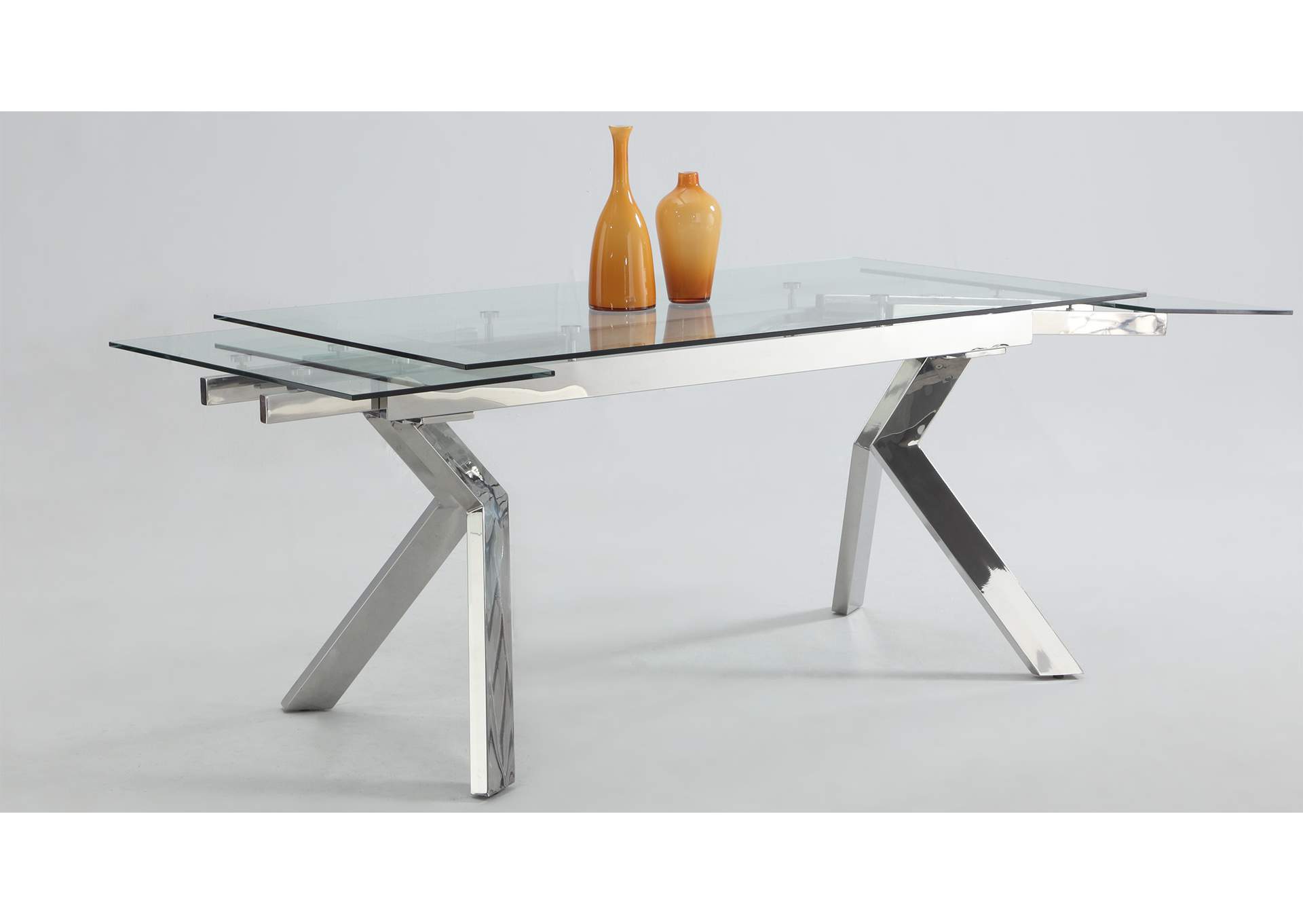 Ella Polished Stainless Steel Extendable Dining Table w/Polished Stainless Steel Base,Chintaly Imports
