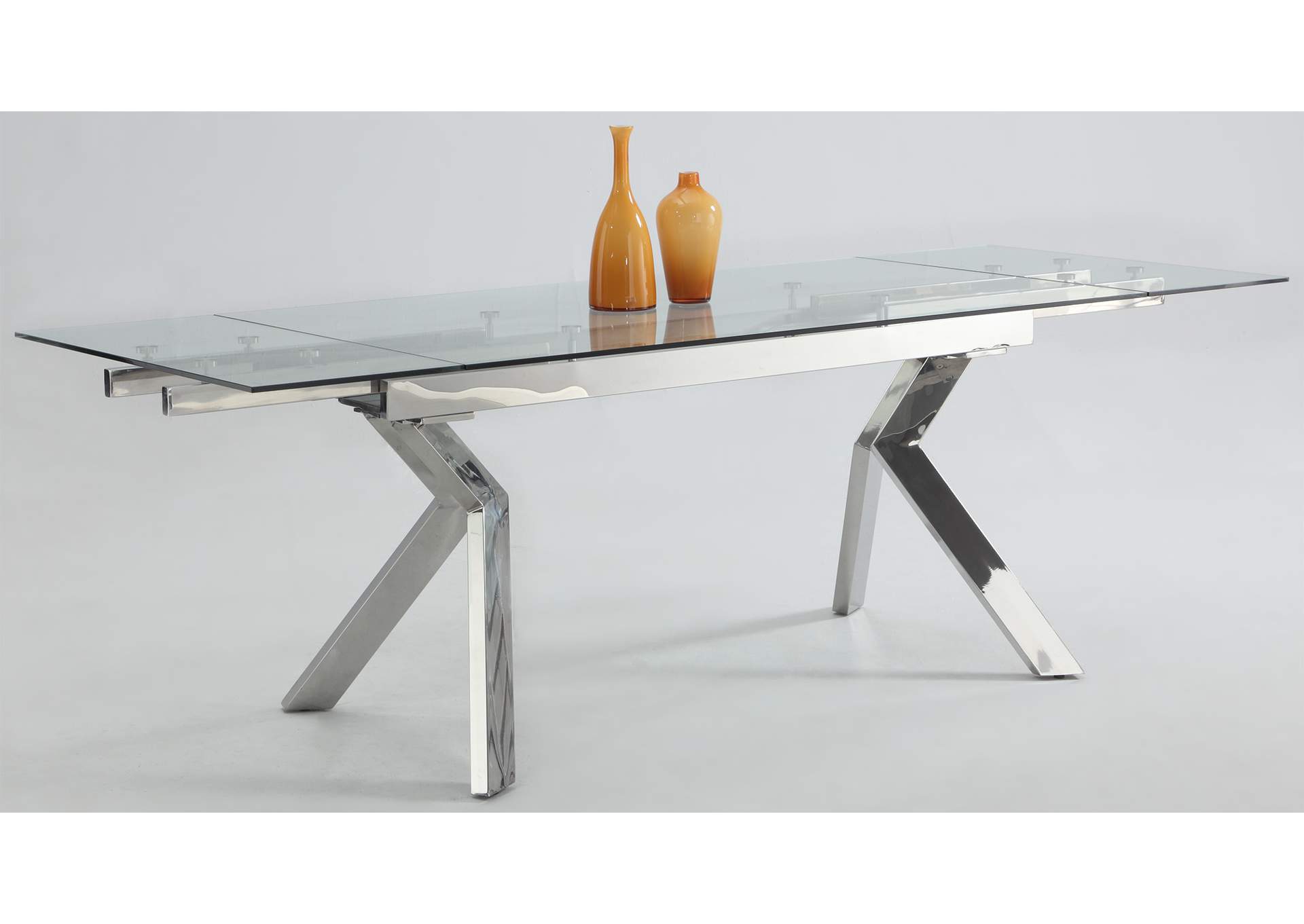 Ella Polished Stainless Steel Extendable Dining Table w/Polished Stainless Steel Base,Chintaly Imports