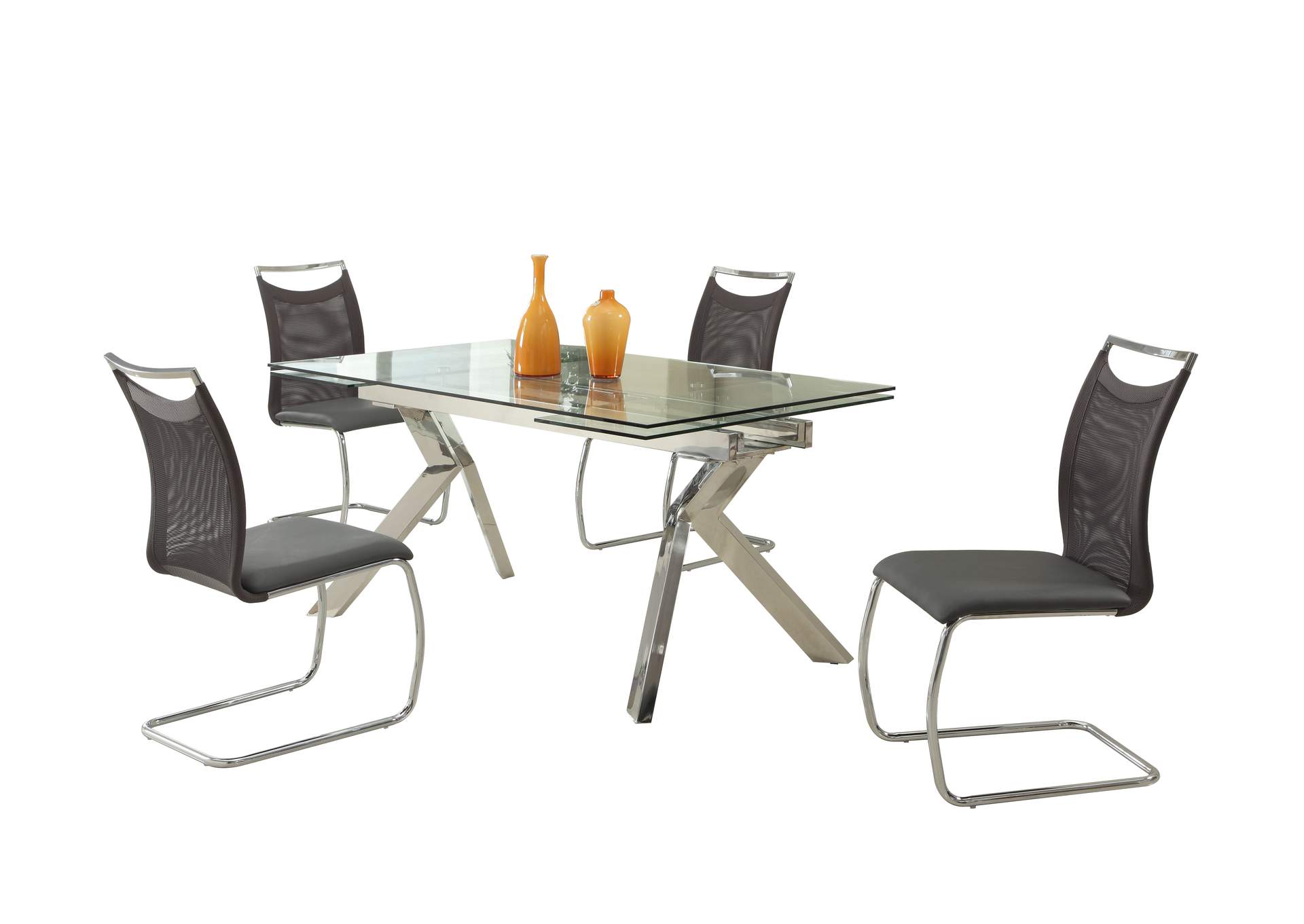 Contemporary Dining Set w/ Extendable Table & 4 Cantilever Mesh Chairs,Chintaly Imports