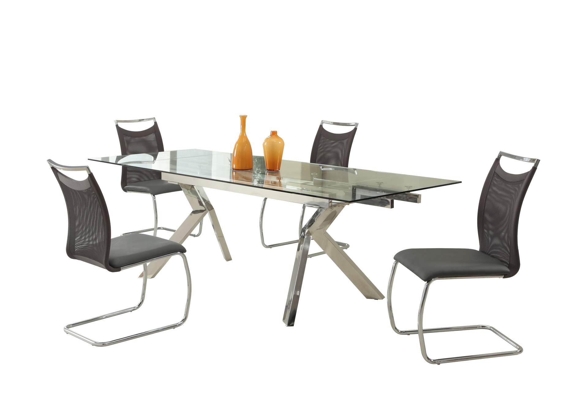 Contemporary Dining Set w/ Extendable Table & 4 Cantilever Mesh Chairs,Chintaly Imports