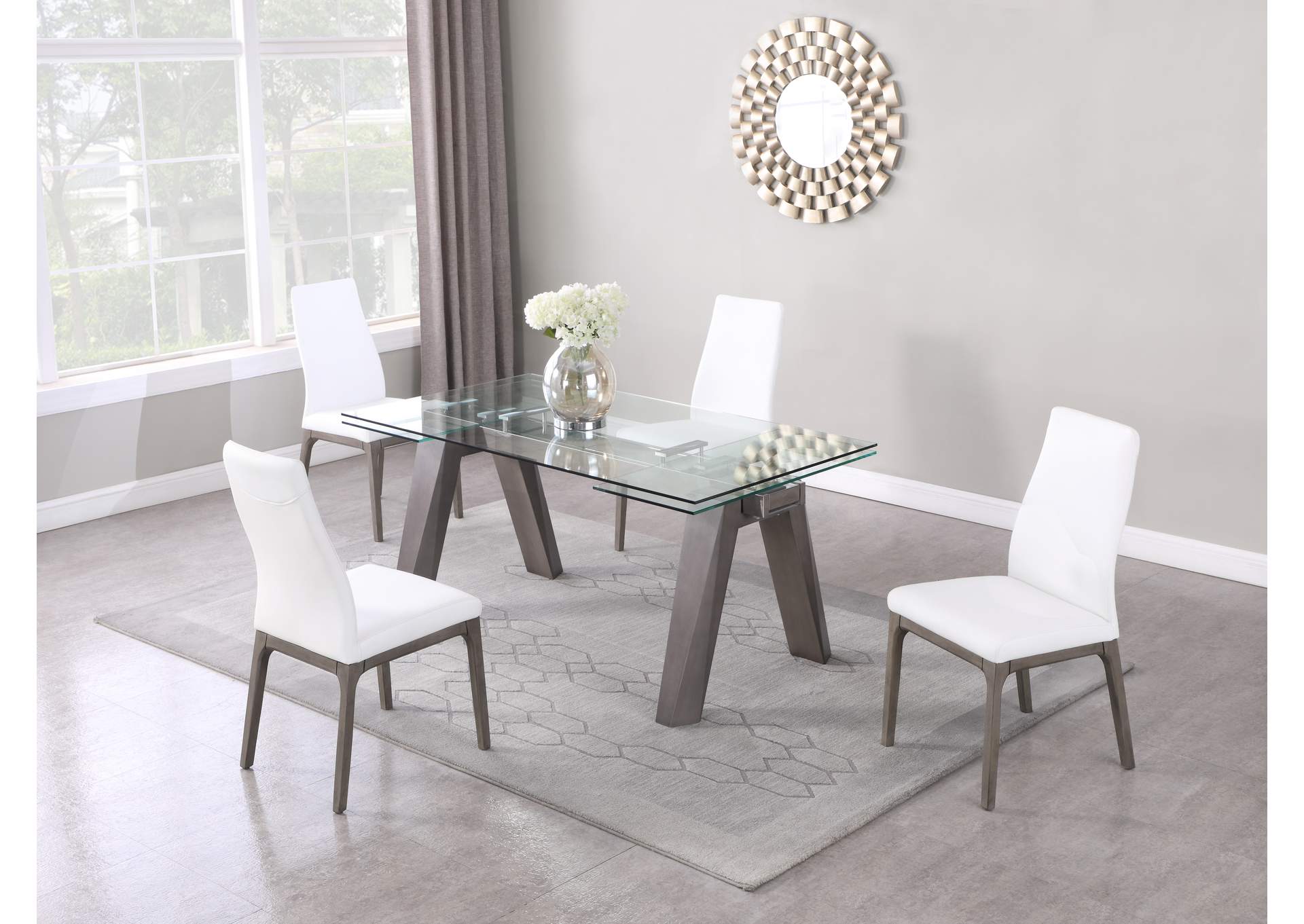 Modern Dining Set With Extendable Glass Table & 2-Tone Chairs,Chintaly Imports