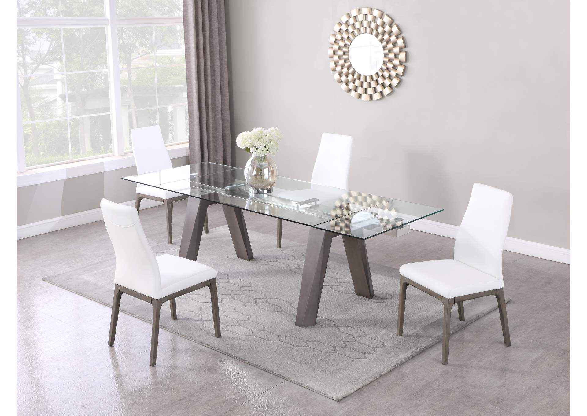 Modern Dining Set With Extendable Glass Table & 2-Tone Chairs,Chintaly Imports