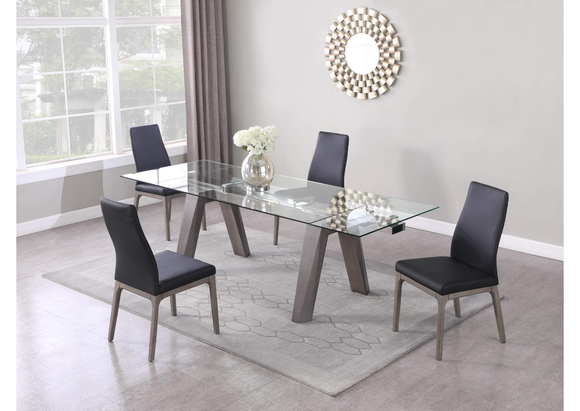 Modern Dining Table w/ Extendable Glass Top & Solid Wood Legs,Chintaly Imports
