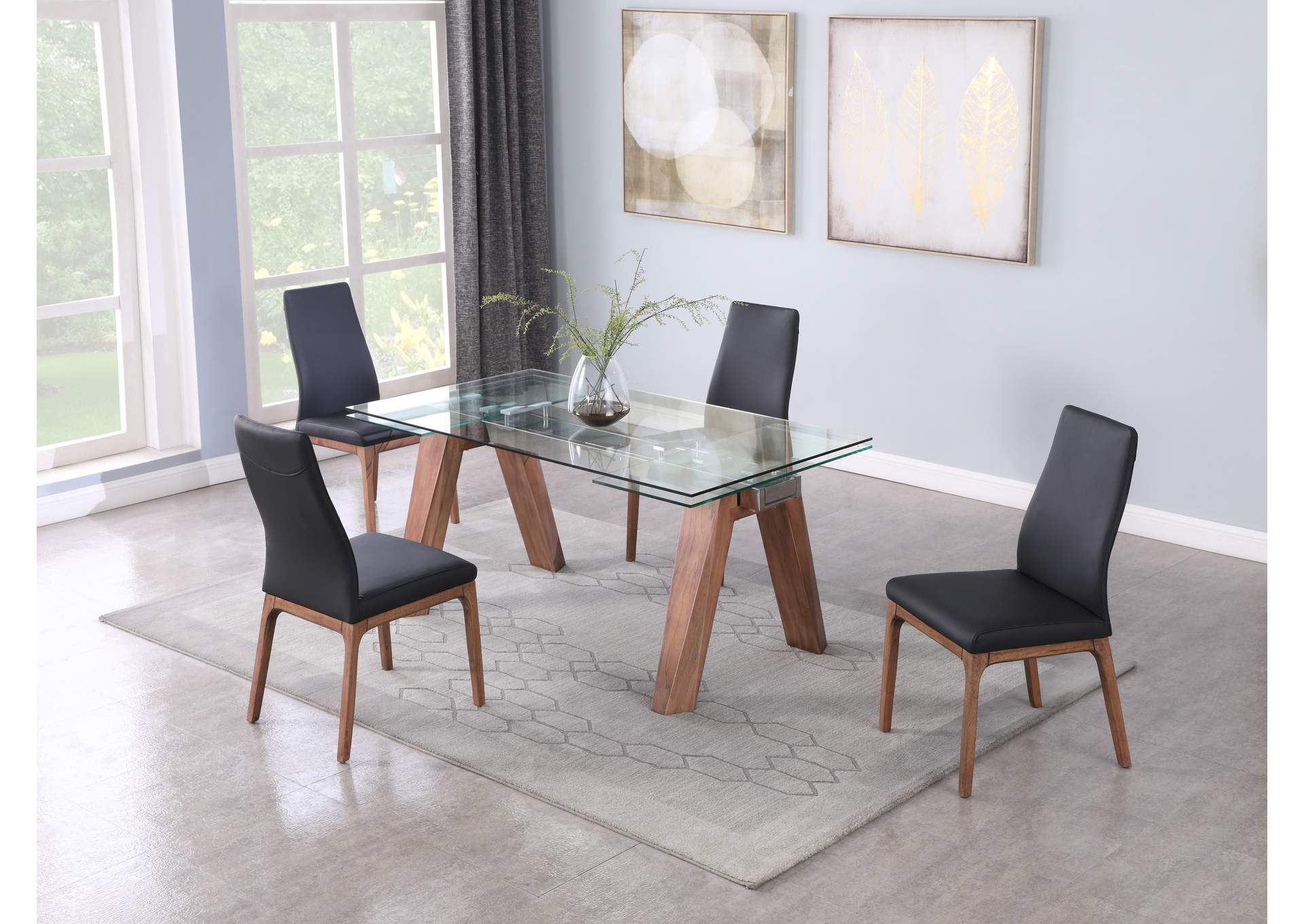 Modern Dining Set With Extendable Glass Table & 2-Tone Chairs,Chintaly Imports