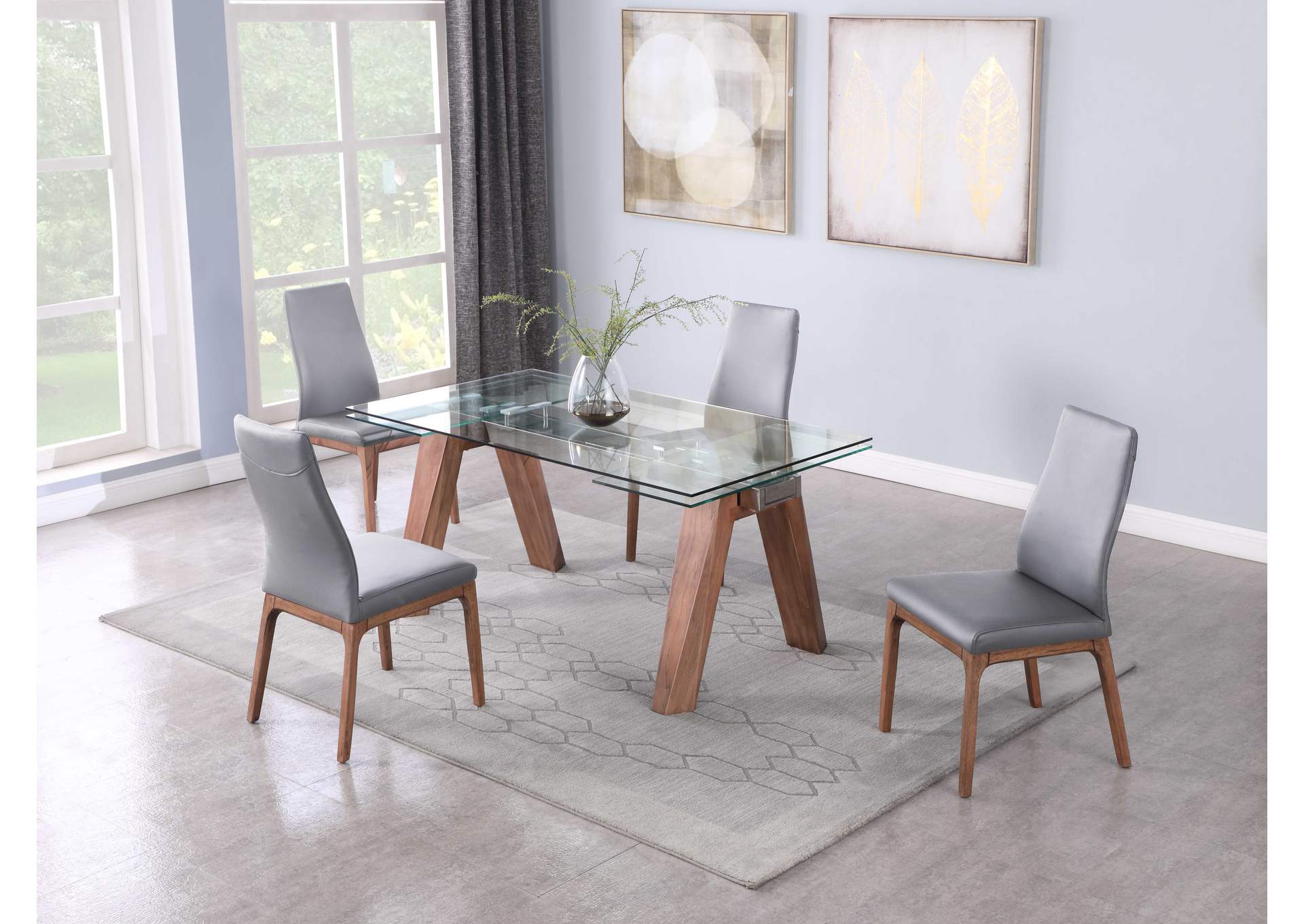 Modern Dining Set With Extendable Glass Table & 2-Tone Chairs,Chintaly Imports