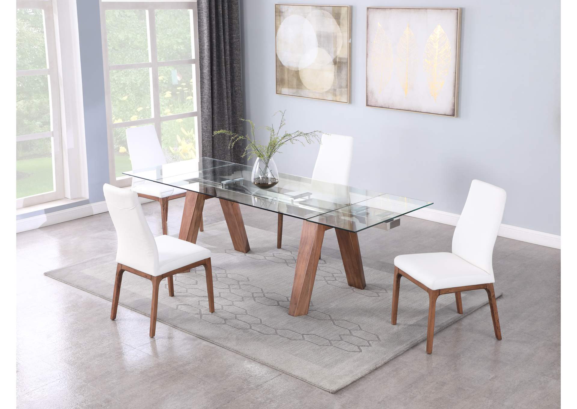 Modern Dining Set With Extendable Glass Table & 2-Tone Chairs,Chintaly Imports