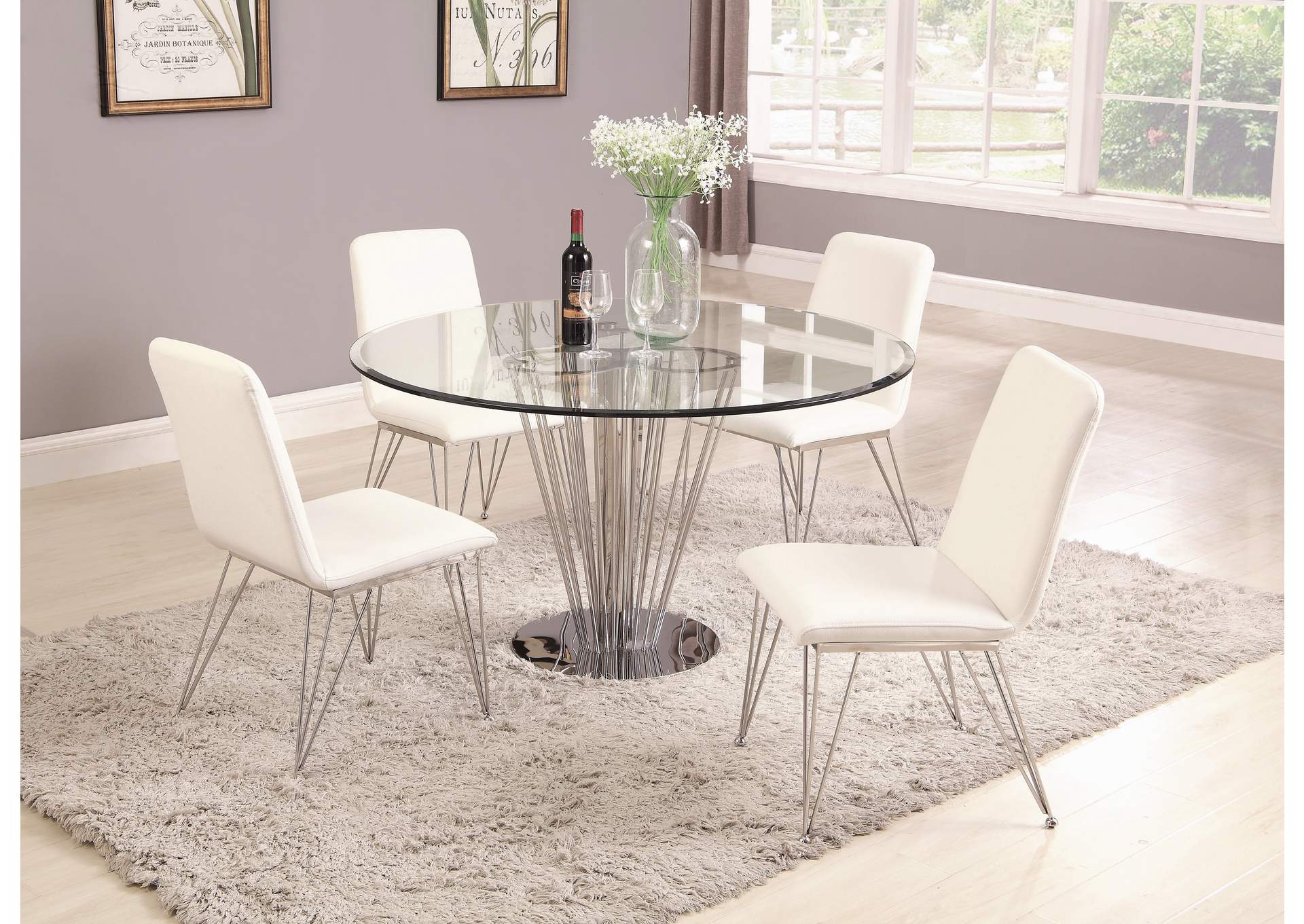 Fernanda White Dining Set w/ Round Glass Table & 4 White Side Chairs,Chintaly Imports