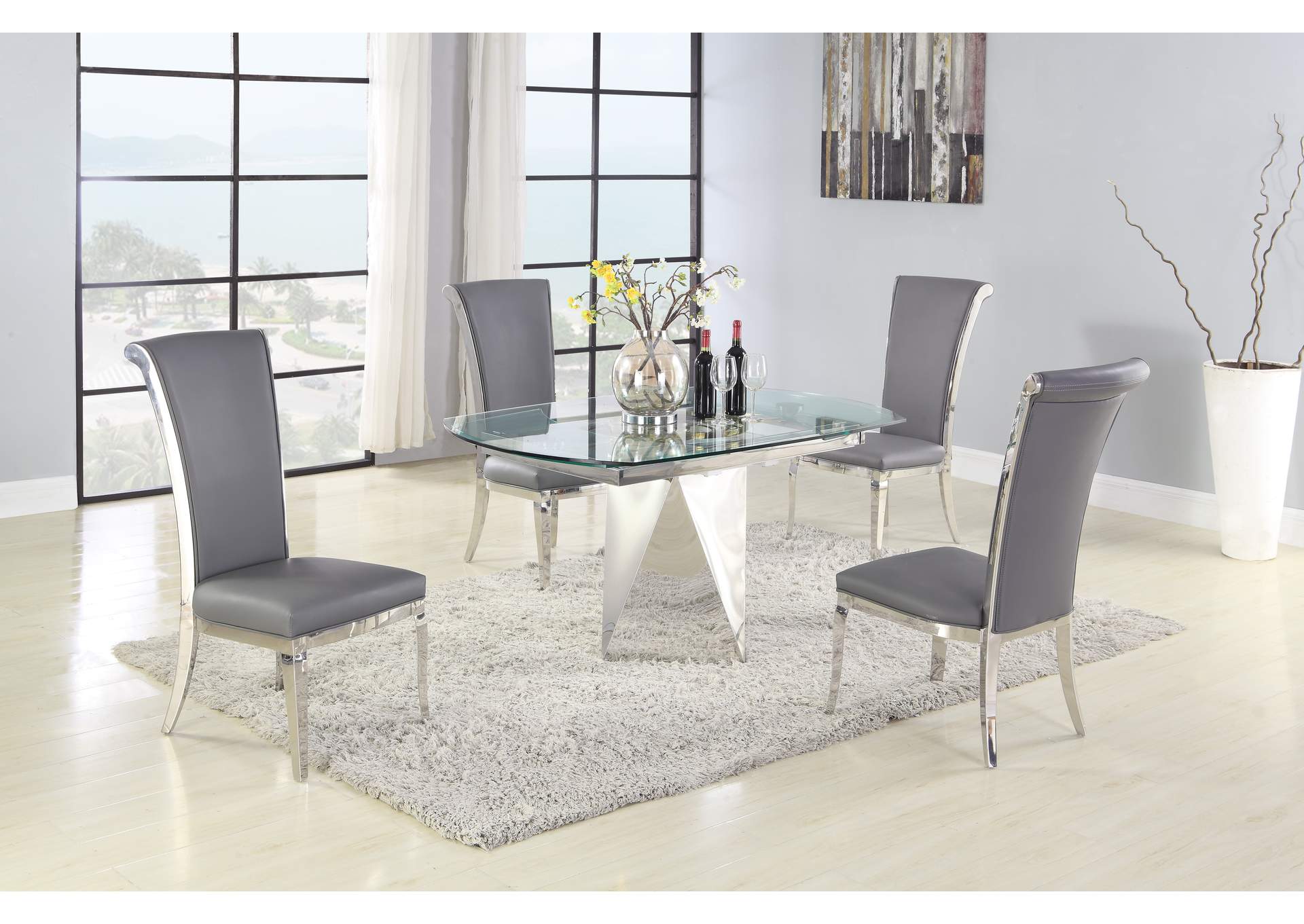 Contemporary Motion-Extendable Glass Dining Set With 4 Chairs,Chintaly Imports