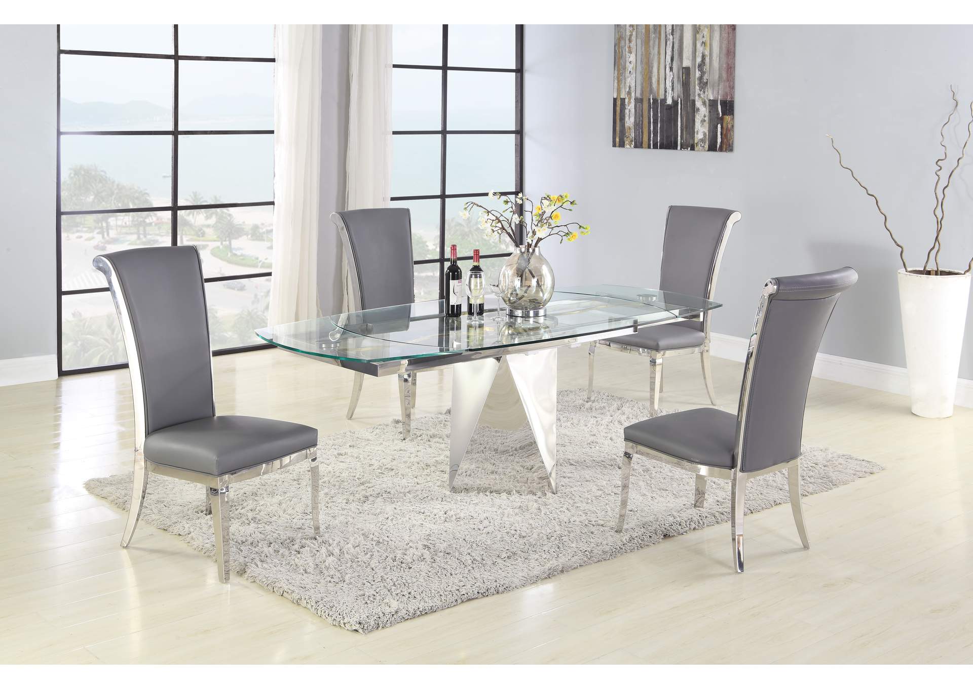 Contemporary Motion-Extendable Glass Dining Set With 4 Chairs,Chintaly Imports