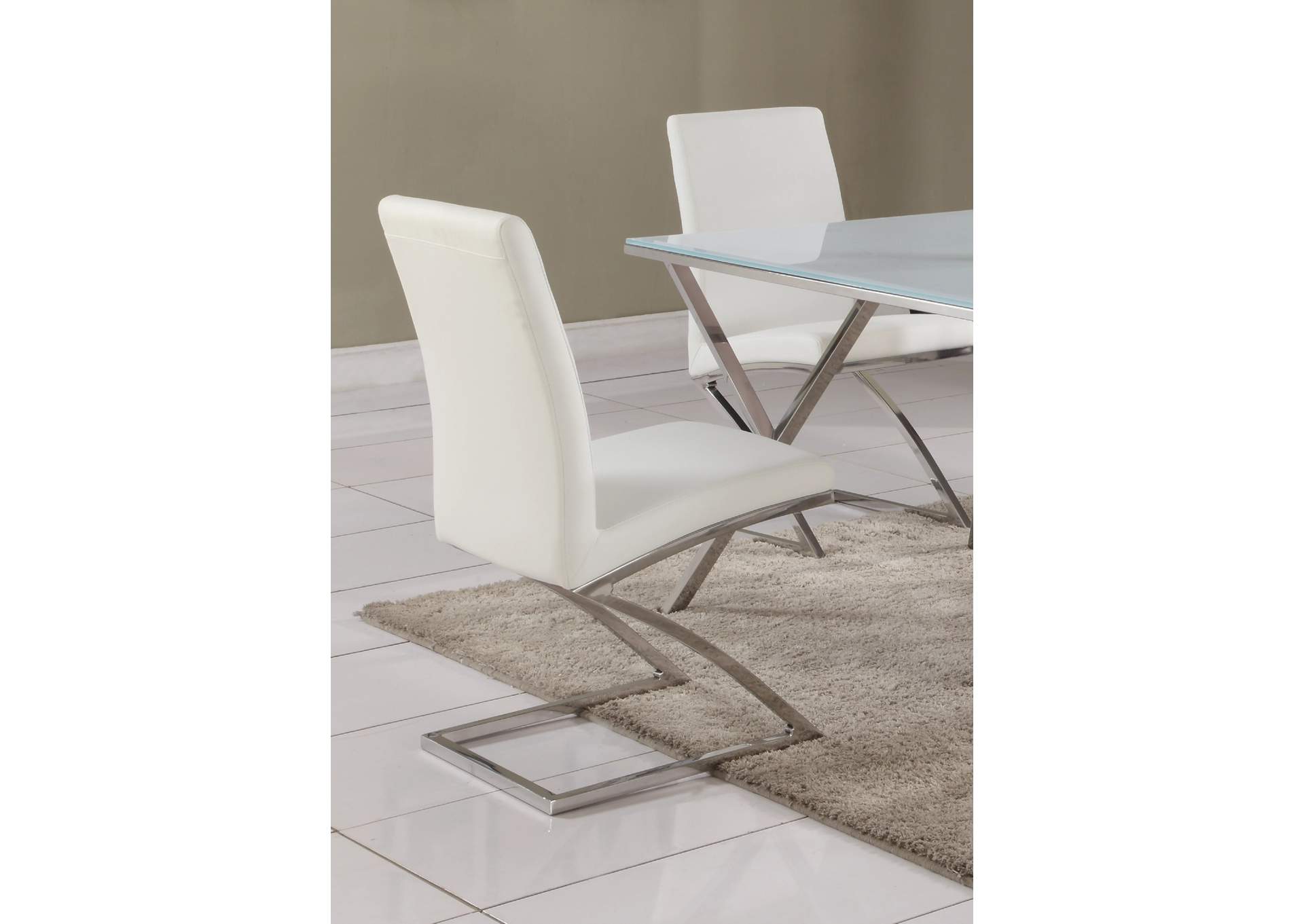 Modern Dining Set with Starphire Glass Table & White Upholstered Chairs,Chintaly Imports