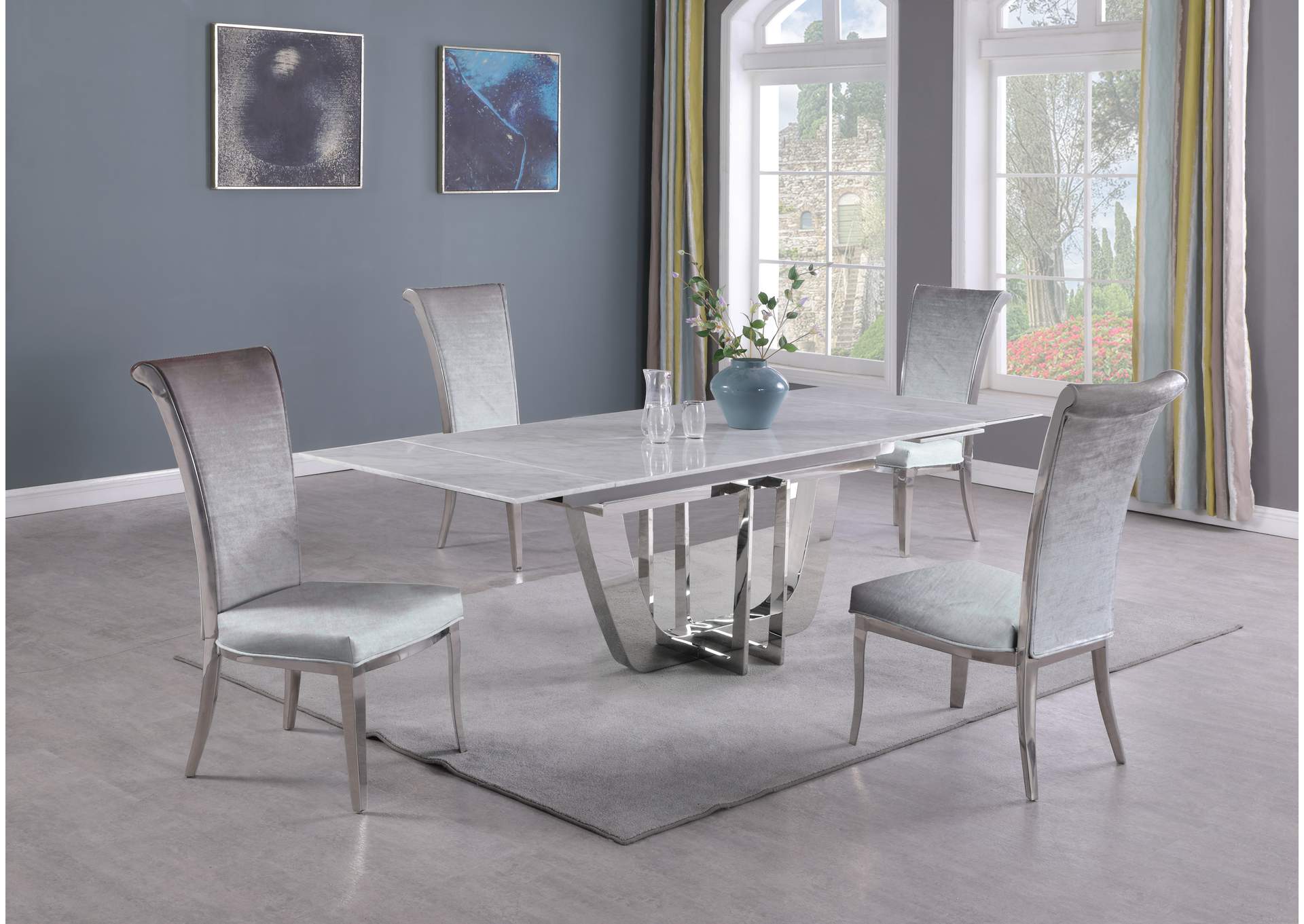 Dining Set With Extendable Carrara Marble Table & 4 High-Back Chairs,Chintaly Imports