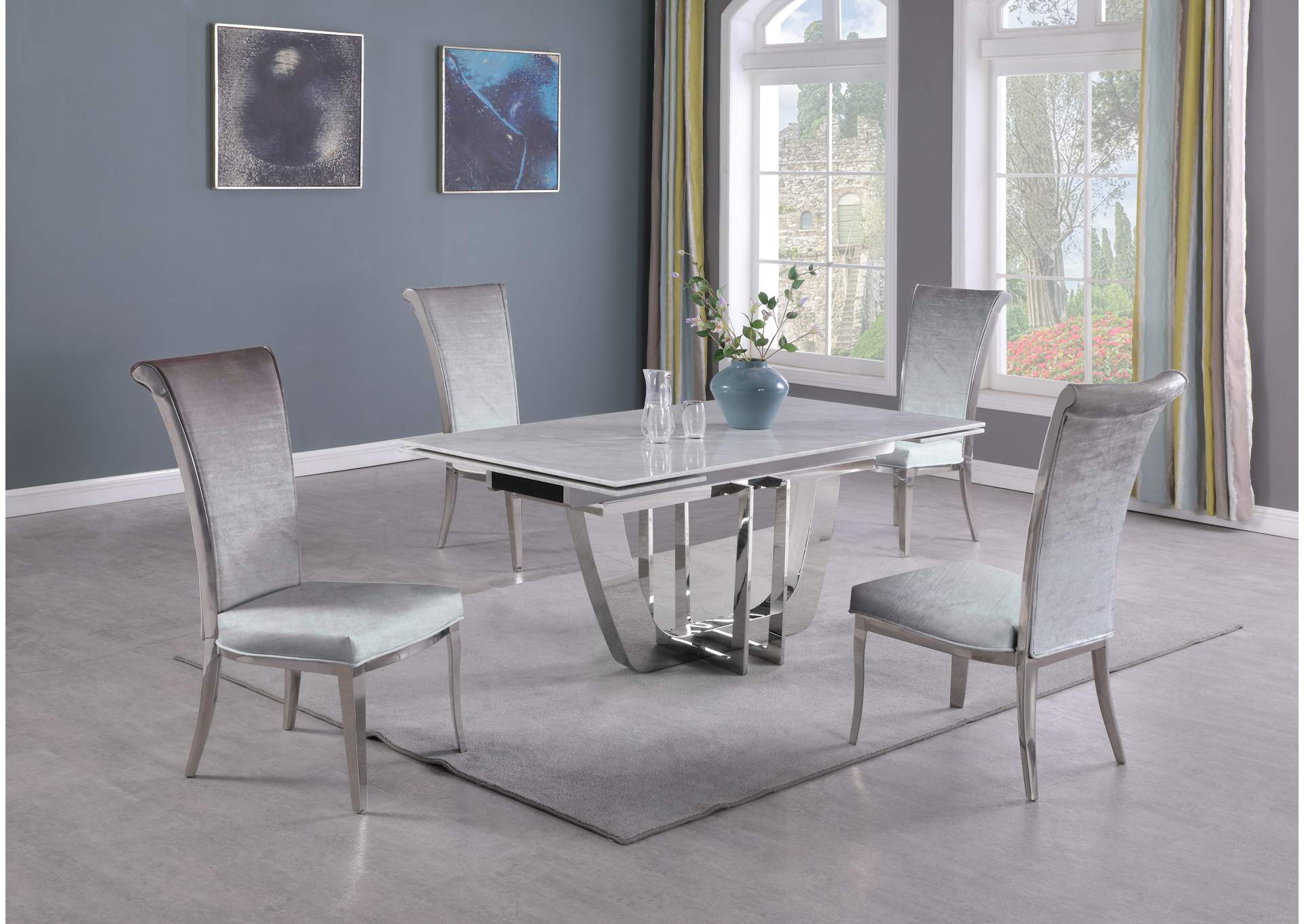 Dining Set With Extendable Carrara Marble Table & 4 High-Back Chairs,Chintaly Imports