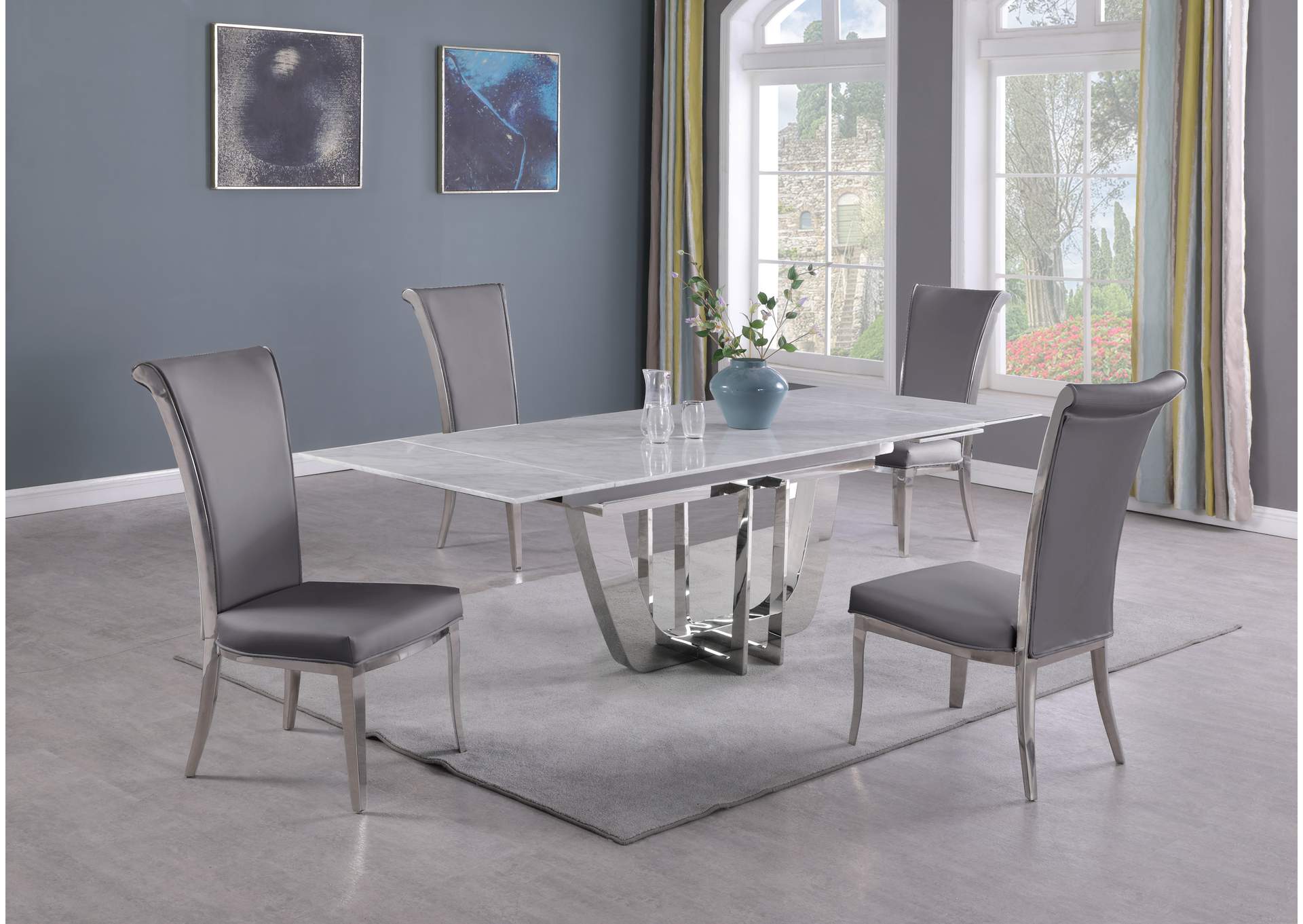 Dining Set With Extendable Carrara Marble Table & 4 High-Back Chairs,Chintaly Imports