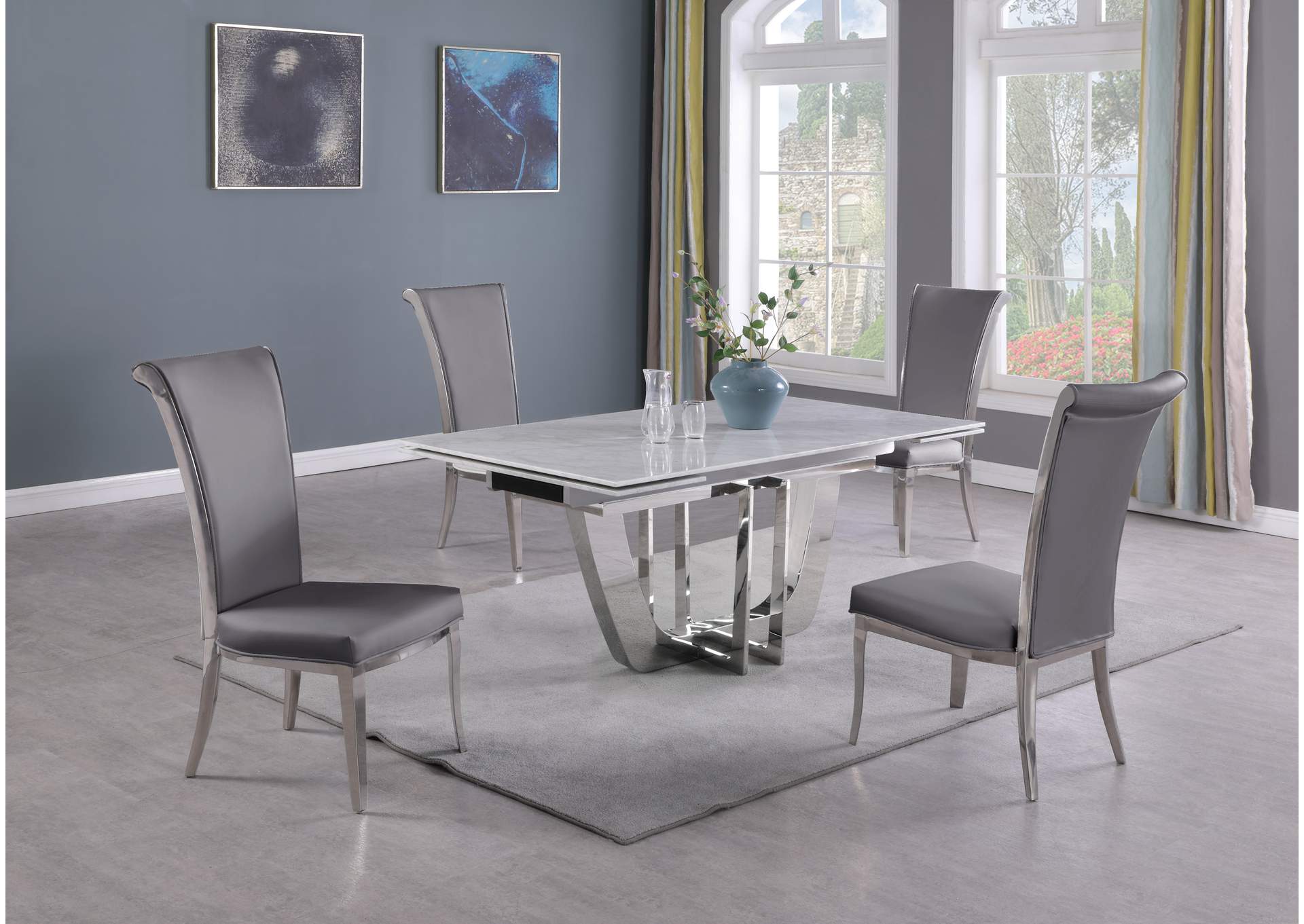 Dining Set With Extendable Carrara Marble Table & 4 High-Back Chairs,Chintaly Imports