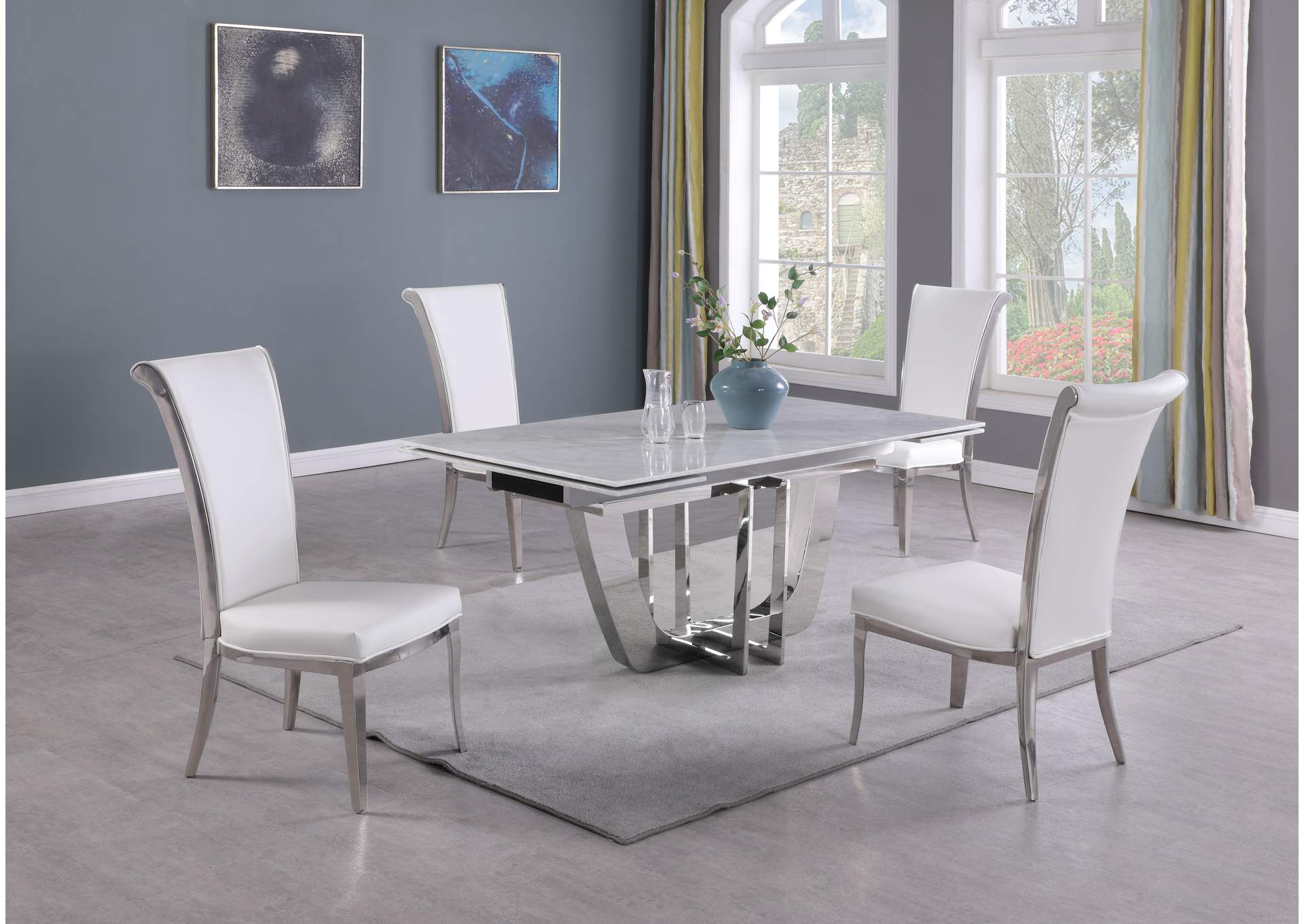 Dining Set With Extendable Carrara Marble Table & 4 High-Back Chairs,Chintaly Imports