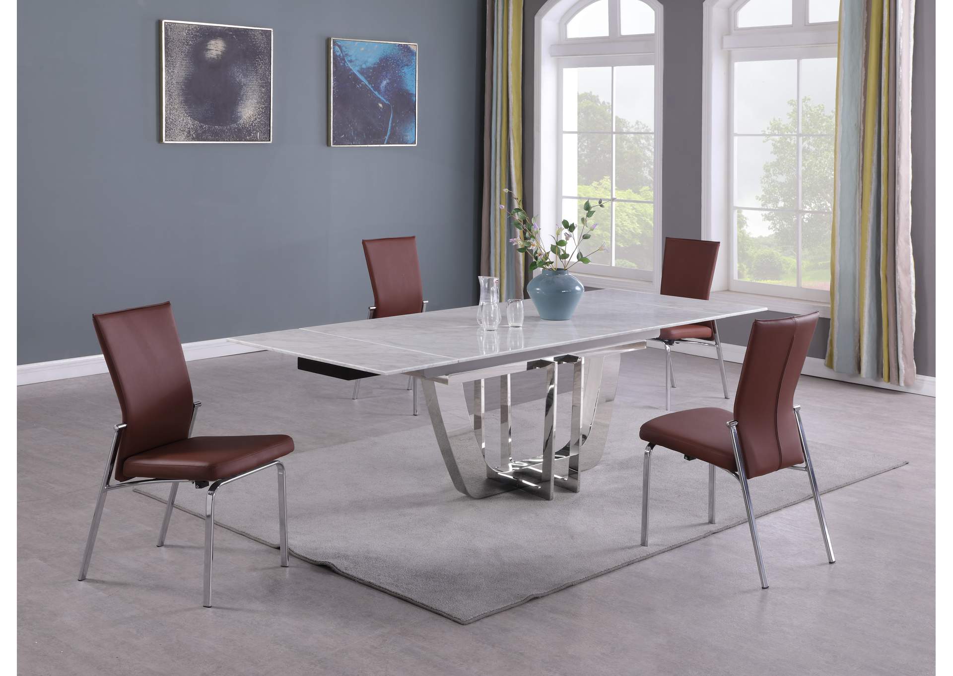 Contemporary Dining Set With Extendable Marble Table & 4 Motion Chairs,Chintaly Imports