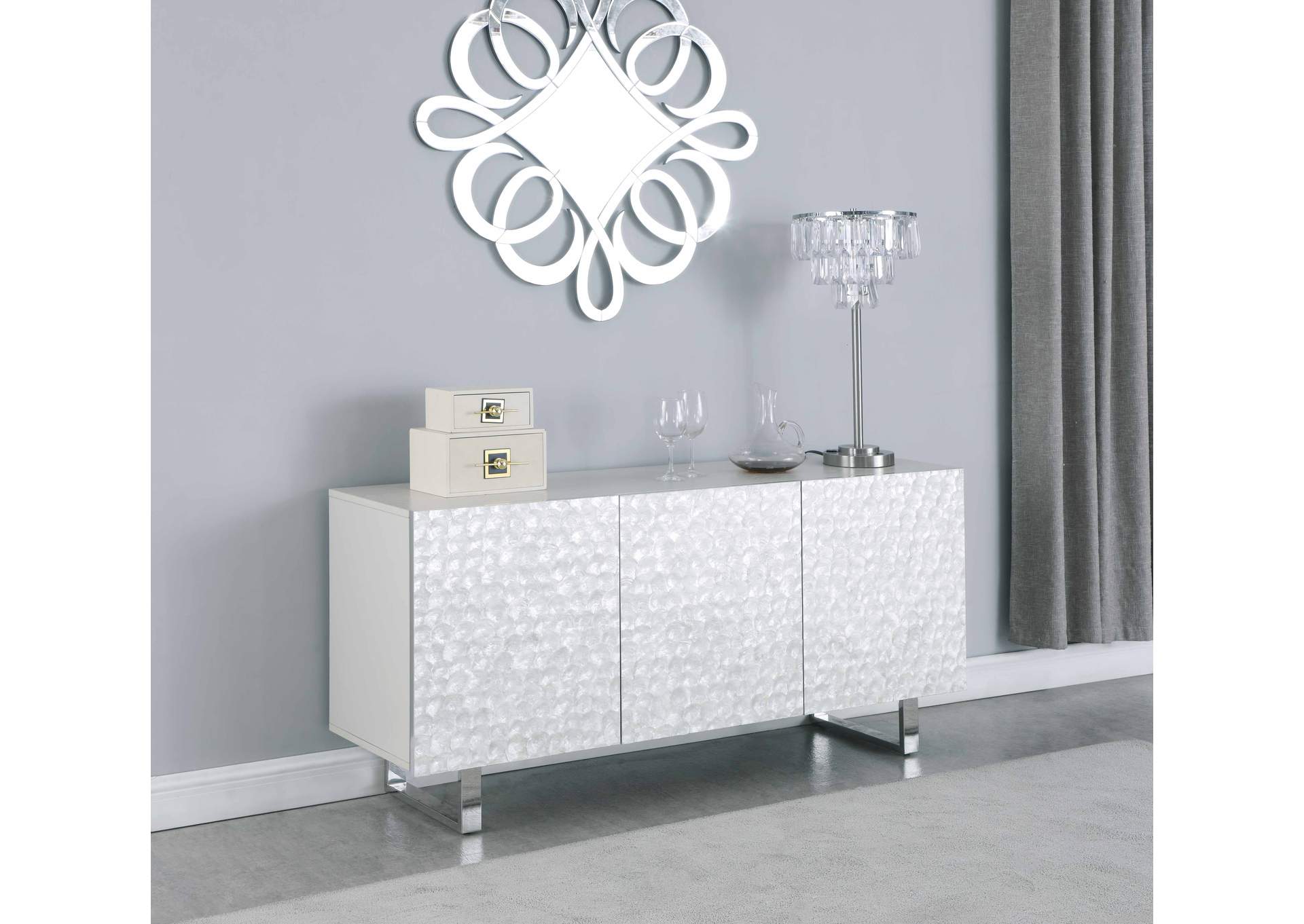 Contemporary Buffet With Steel Legs & Seashell Veneer Accents,Chintaly Imports