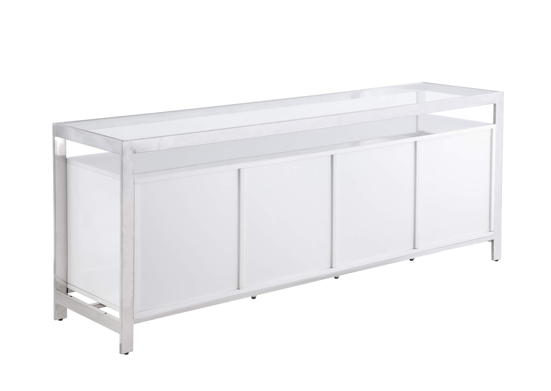 Modern White Buffet With Stainless Steel & Tempered Glass Top,Chintaly Imports