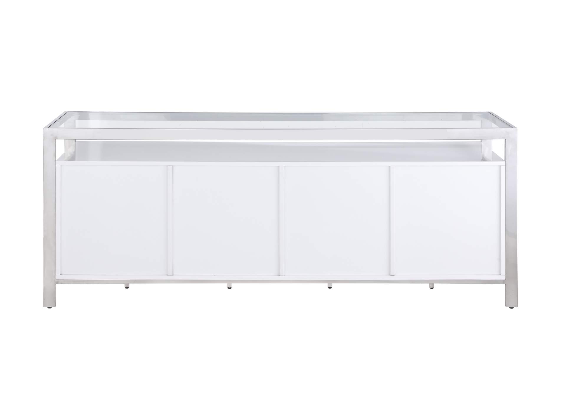 Modern White Buffet With Stainless Steel & Tempered Glass Top,Chintaly Imports