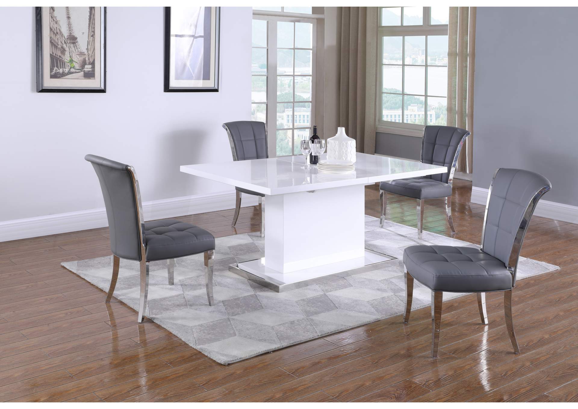 Modern Dining Set With Extendable White Table & Gray Chairs,Chintaly Imports