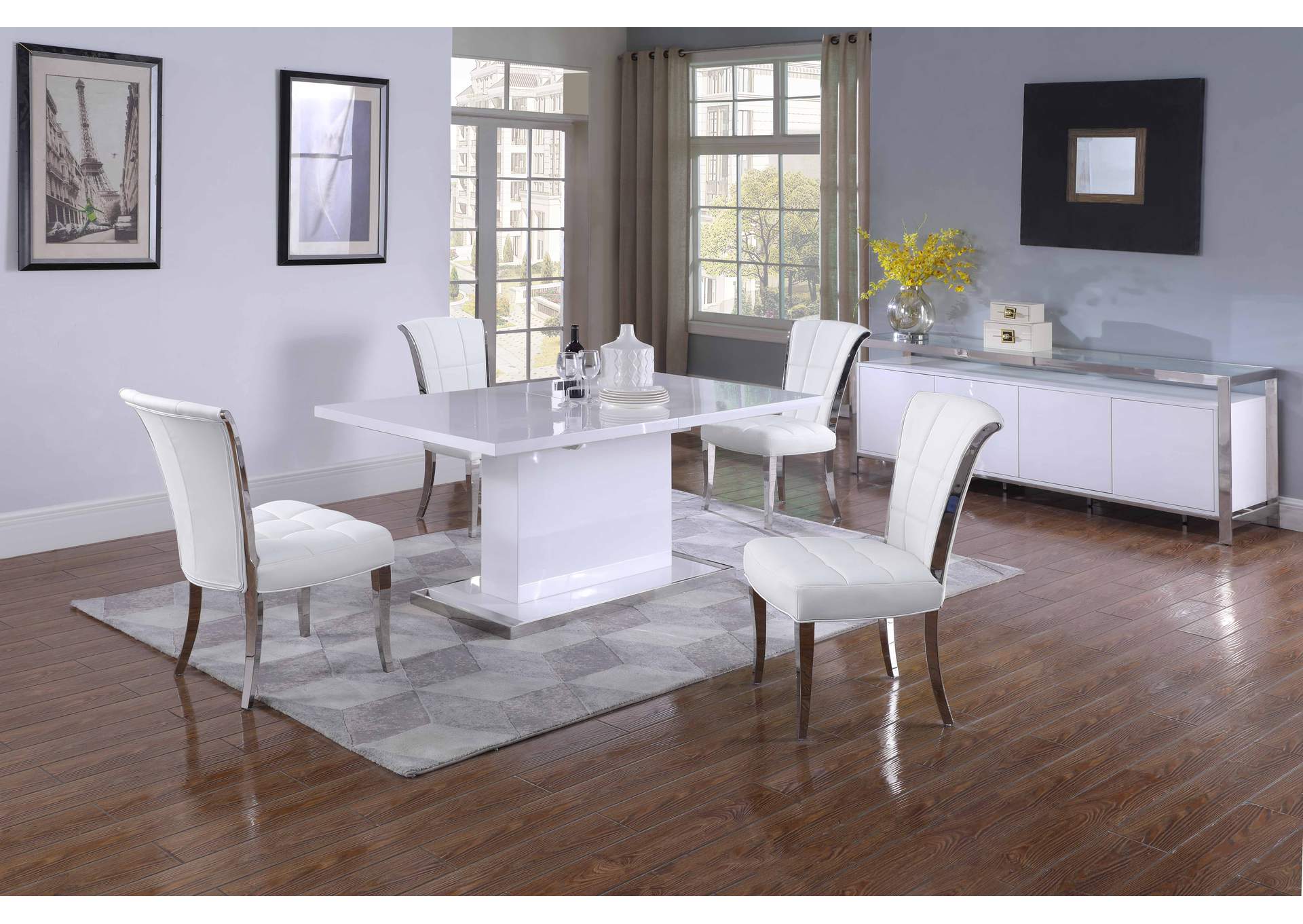 Modern Dining Set With Extendable White Table & White Chairs,Chintaly Imports