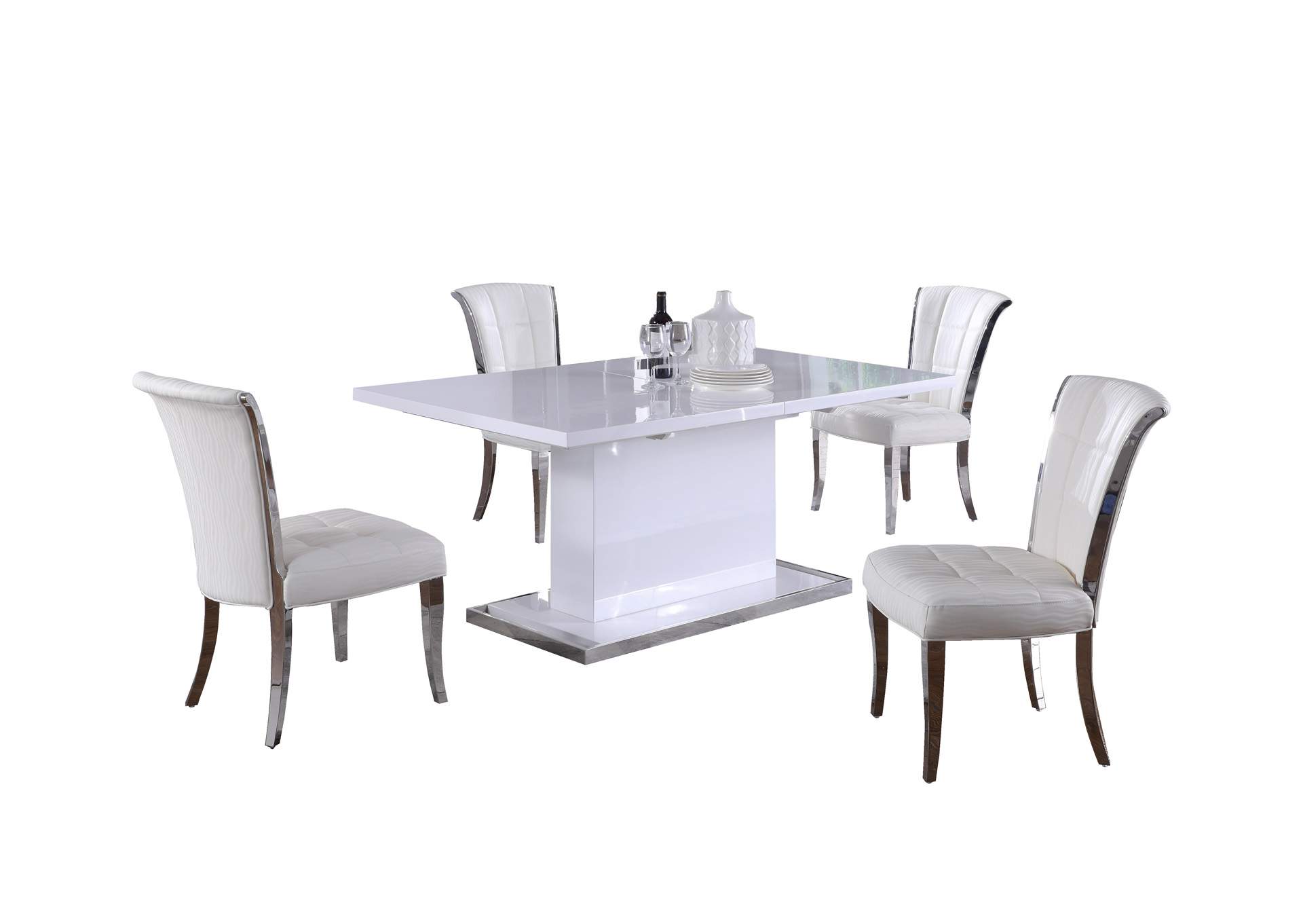 Modern Dining Set With Extendable White Table & White Chairs,Chintaly Imports