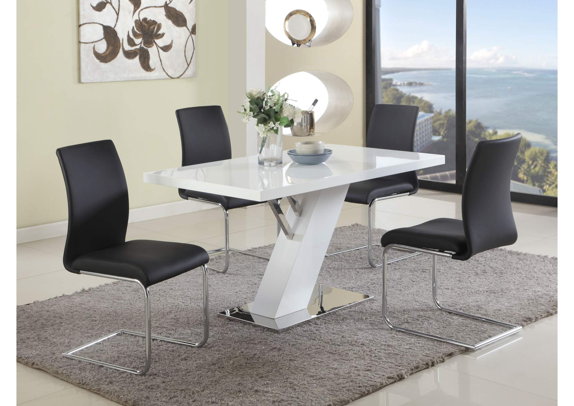 Contemporary Dining Set w/ White Gloss Table & Black Upholstered Chairs,Chintaly Imports