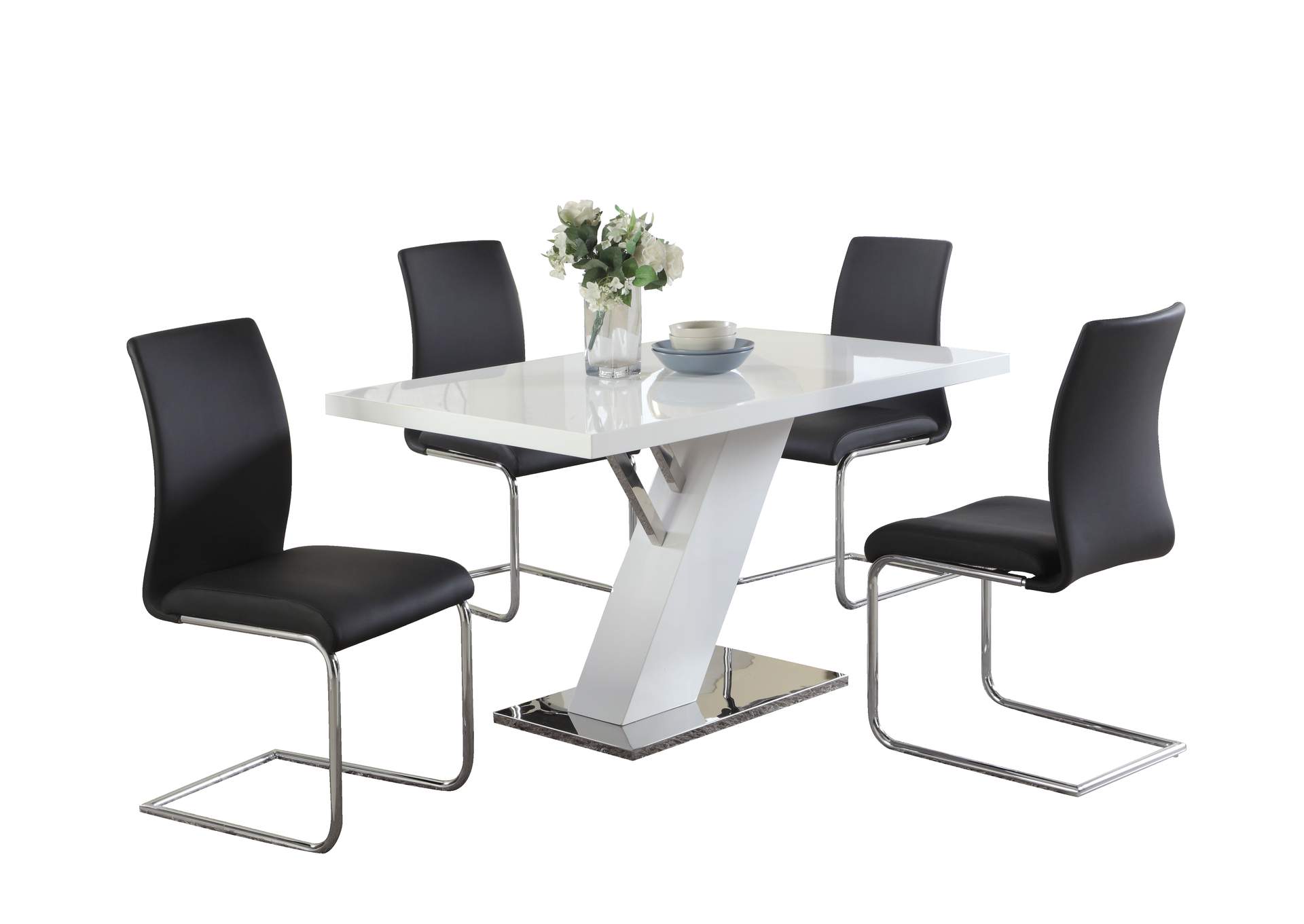 Contemporary Dining Set With White Gloss Table & Black Upholstered Chairs,Chintaly Imports