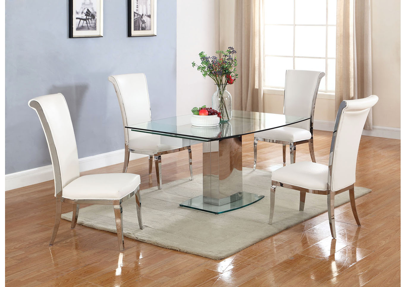 Mackenzie White Rectangular Glass Top 5 Piece Dining Set W/ 4 Joy Side Chairs,Chintaly Imports