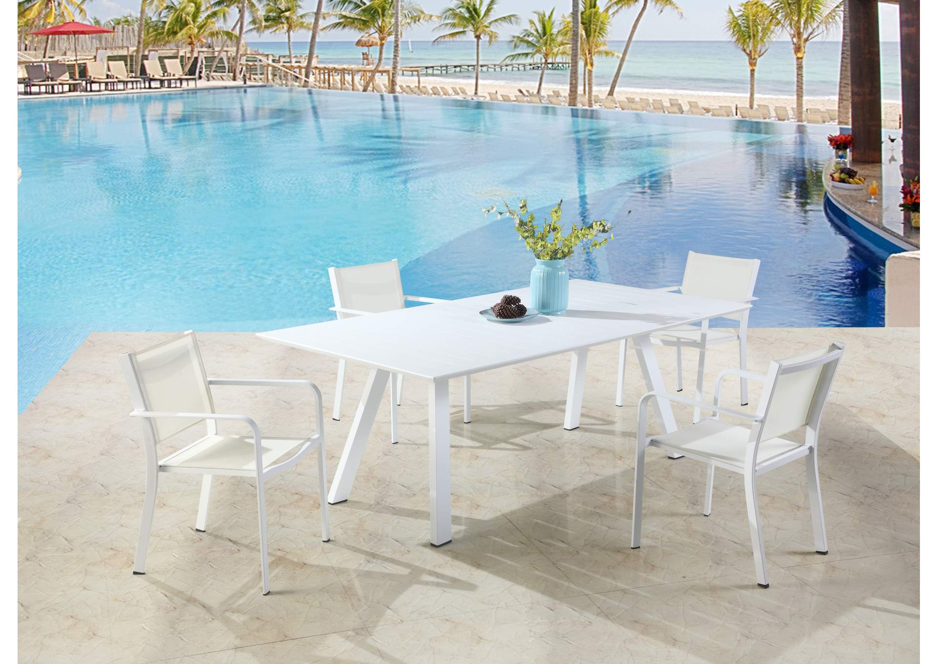 Malibu Matte White Outdoor UV Resistant Dining Set w/ Table & LB Chairs,Chintaly Imports
