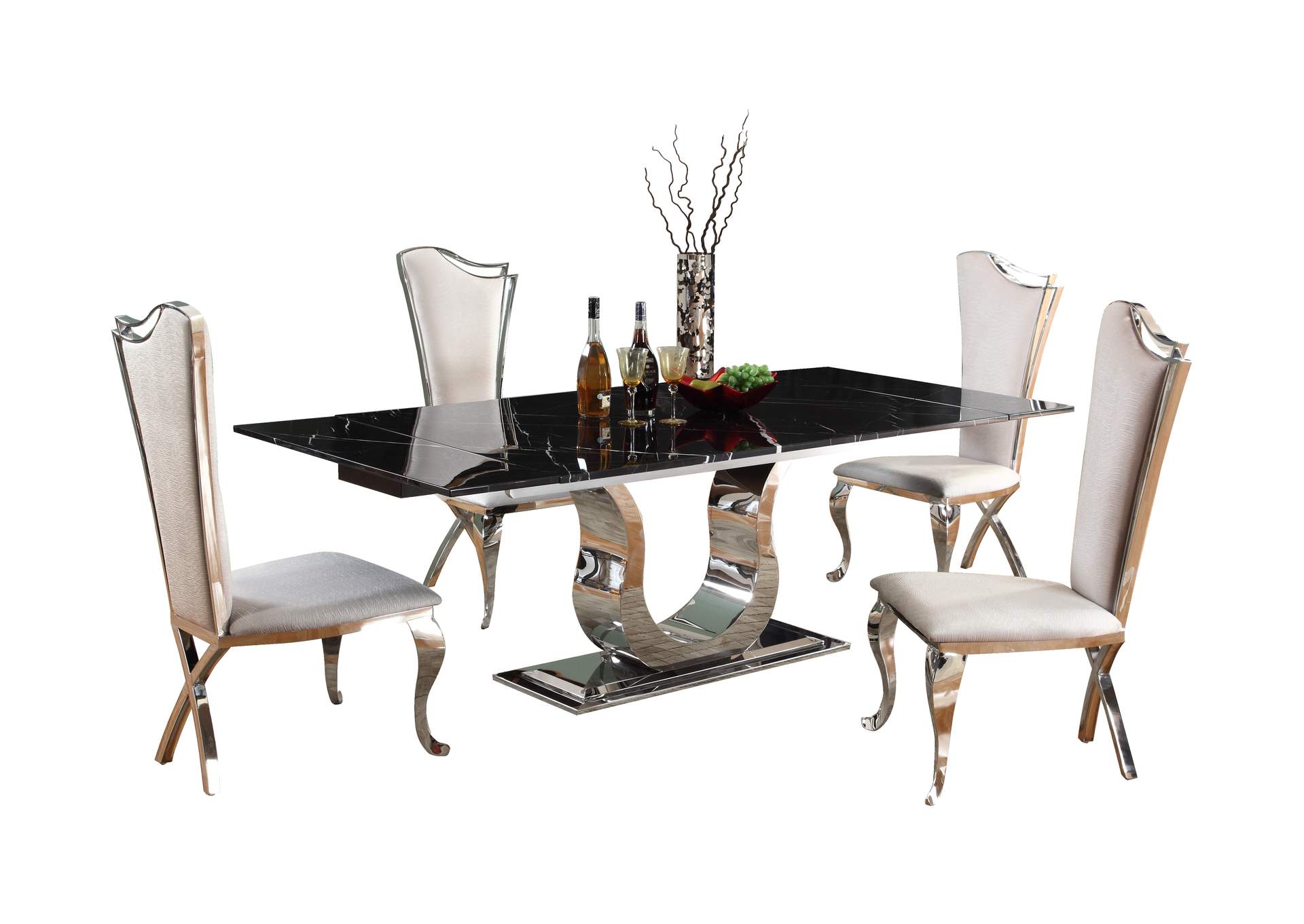 Contemporary Dining Set With Extendable Marble Table & 4 White Chairs,Chintaly Imports
