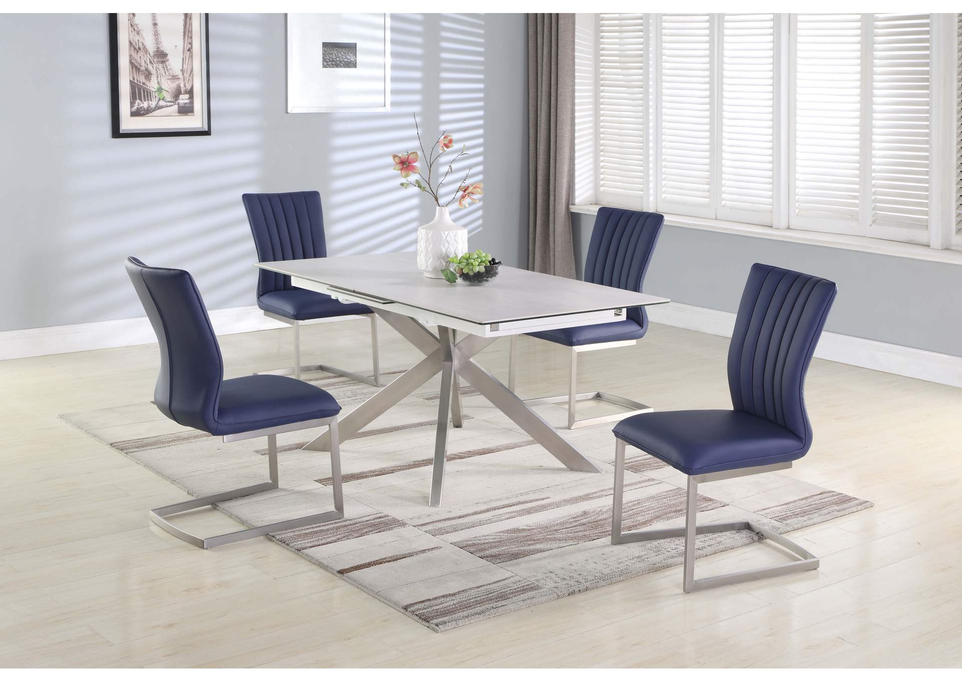 Dining Set With Pop-Up Extendable Ceramic Top Table & 4 Cantilever Chairs,Chintaly Imports