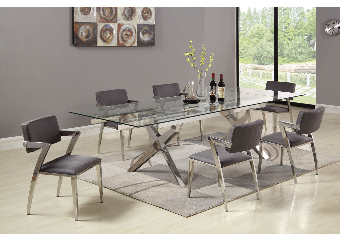 Paula Grey Rectangular Glass Top 7 Piece Dining Set W/ 6 Arm Chairs,Chintaly Imports