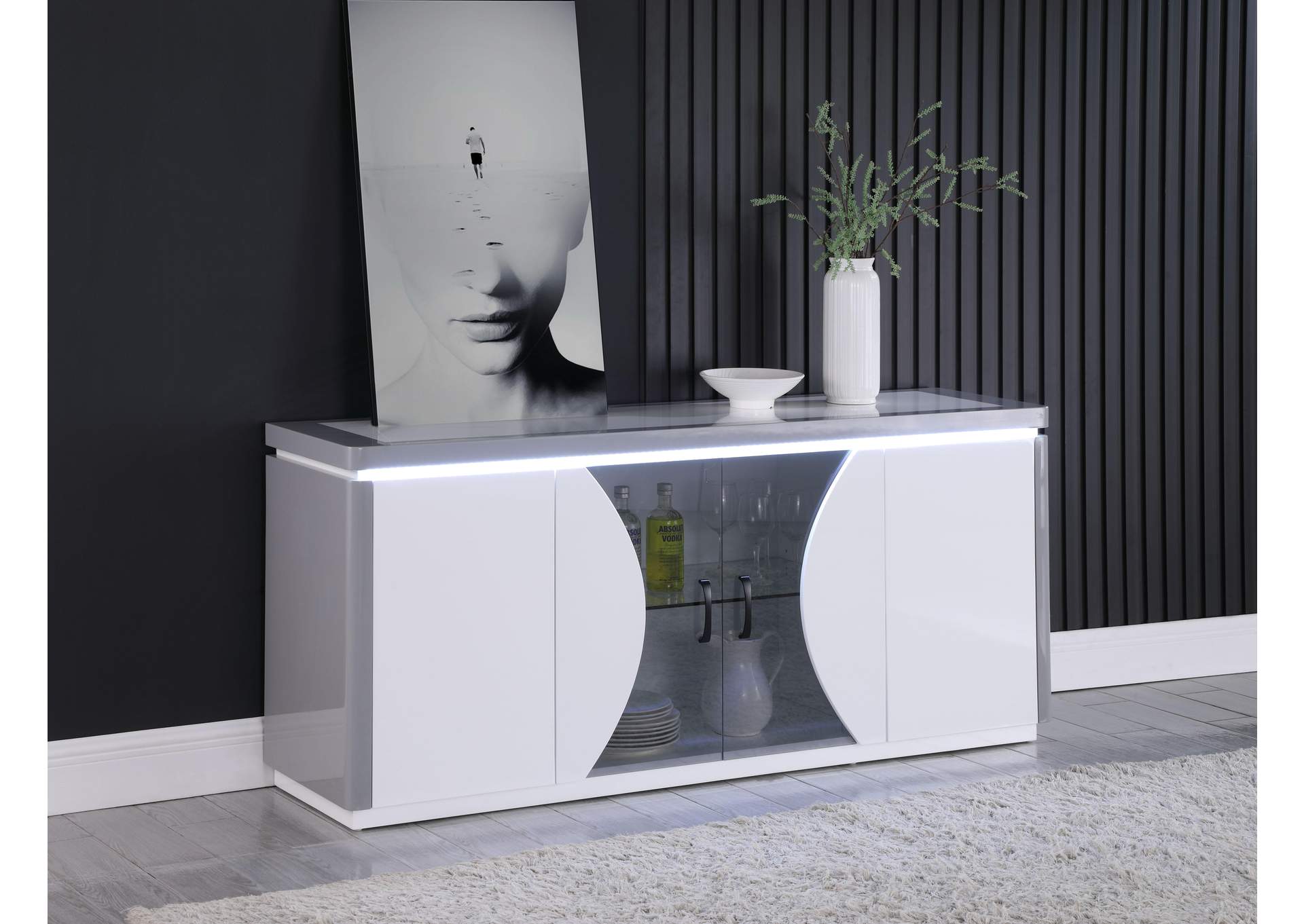 2-Tone Contemporary Buffet w/ Tinted Glass Doors & LED Light,Chintaly Imports