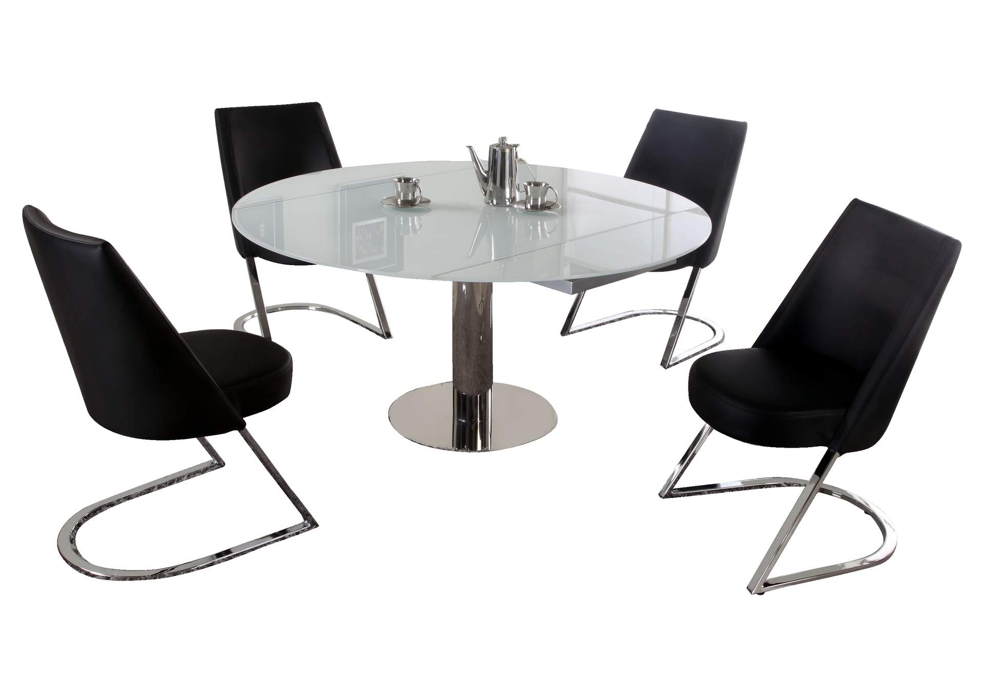 Contemporary Dining Set With Motion-Extendable White Glass Table & 4 Chairs,Chintaly Imports