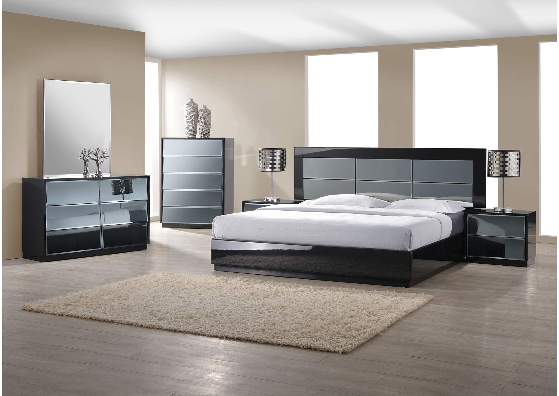 Venice Gloss Black 4 Piece Queen Bedroom Set,Chintaly Imports