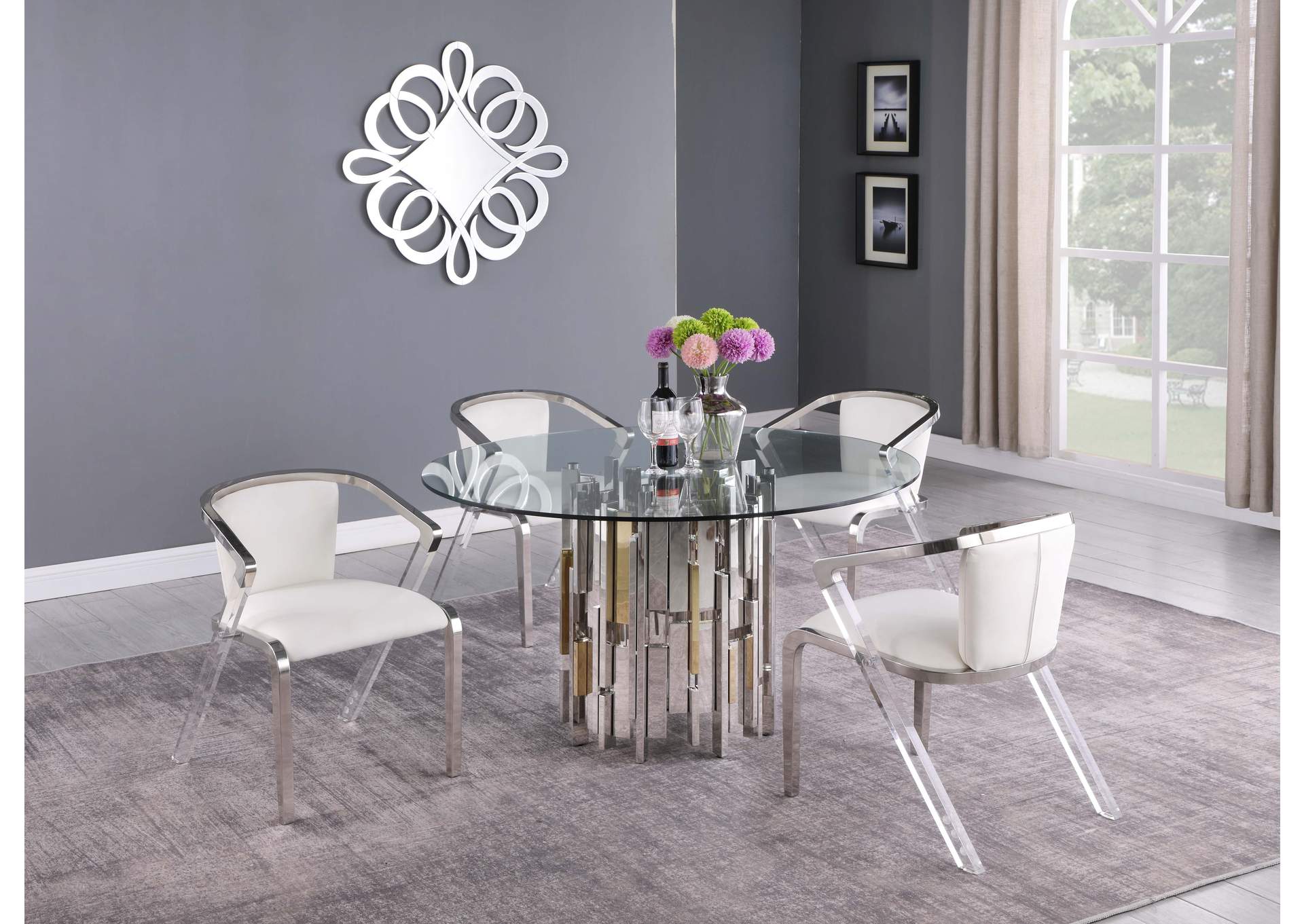 Contemporary Round Glass Table w/ Steel & Golden Cluster Design Base,Chintaly Imports