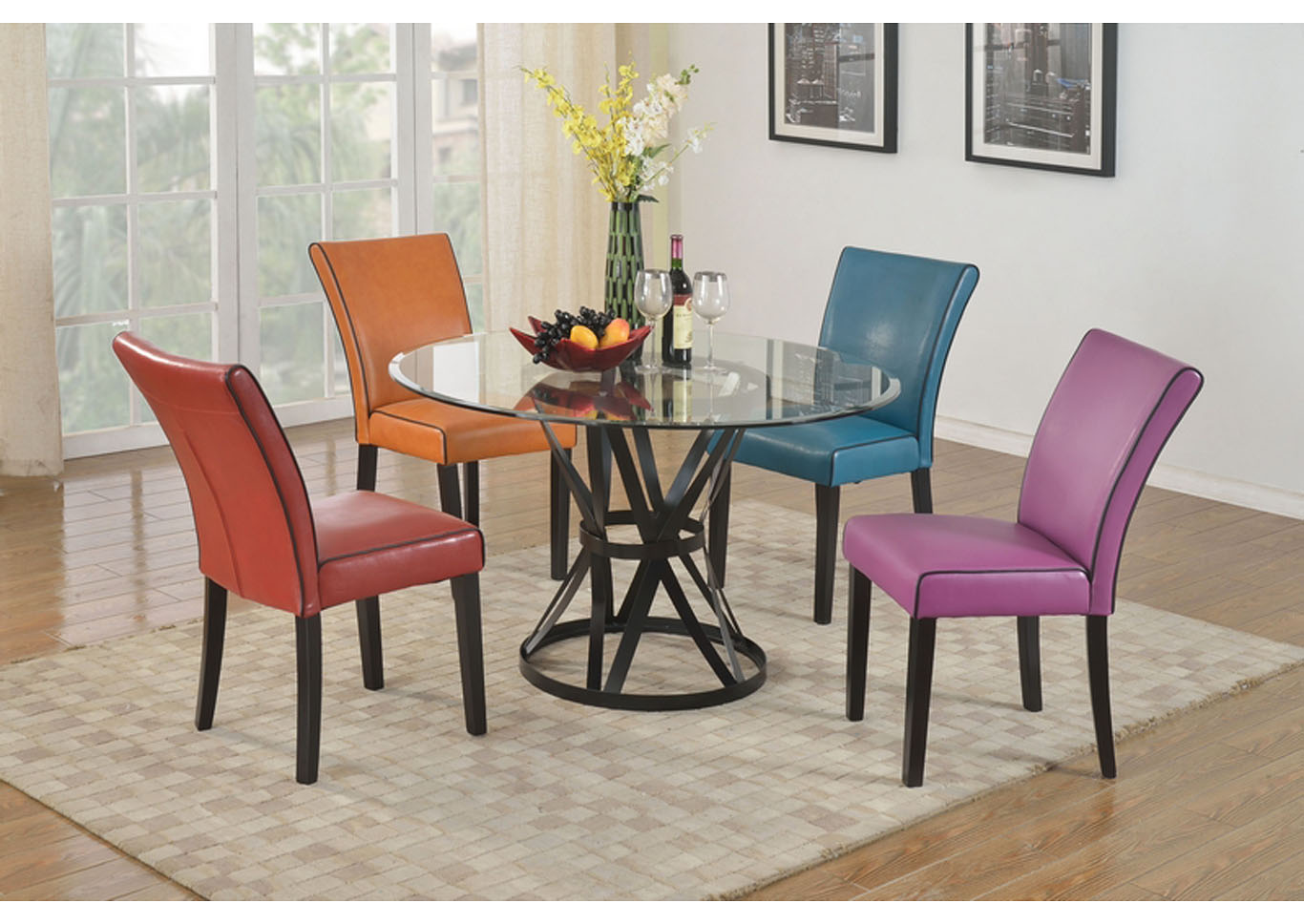 Pandora Multicolor Round Glass Top 5 Piece Dining Set W/ 4 Two-Tone Side Chairs,Chintaly Imports
