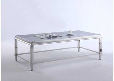 Polished SS Contemporary Rectangular Cocktail Table w/ Glass Top & Gray Trim