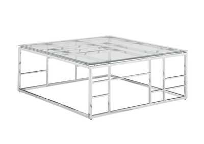 Image for Clear & Polished Stainless Steel 39" Square Glass Top Cocktail Table w/ Ladder Style Frame