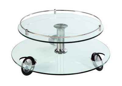 Glass/Chrome Contemporary Two-Tier Rolling Round Glass Cocktail Table