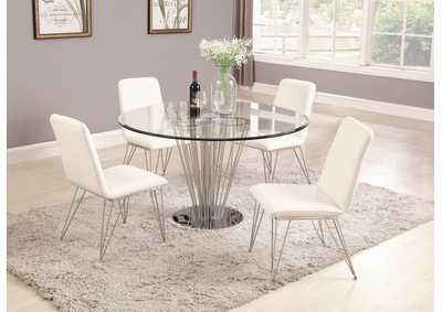Fernanda White Dining Set w/ Round Glass Table & 4 White Side Chairs