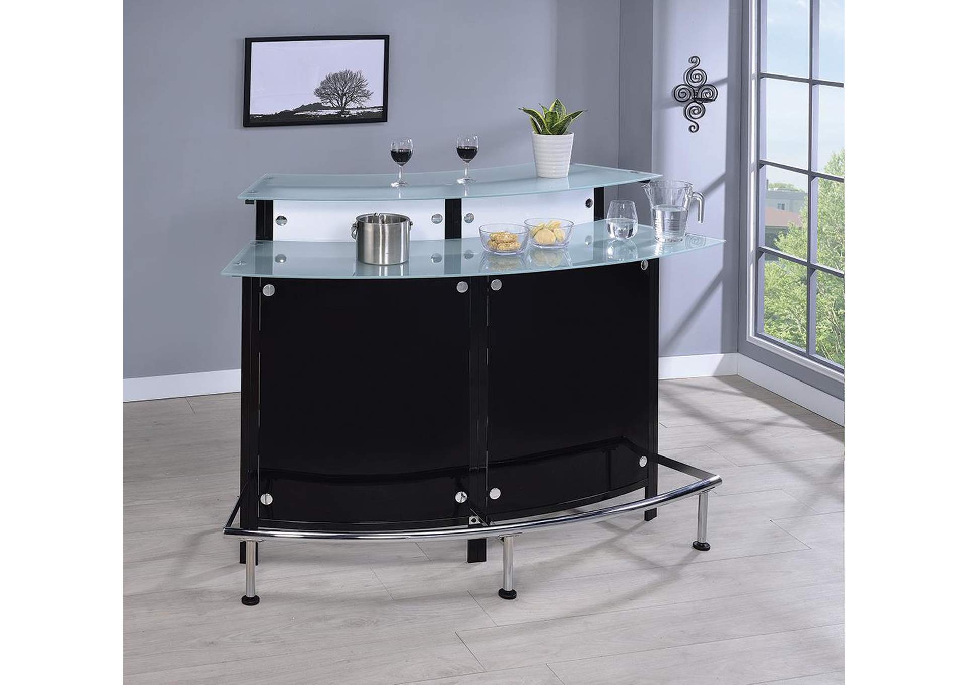 Two-Shelf Contemporary Chrome and Black Bar Unit,Coaster Furniture