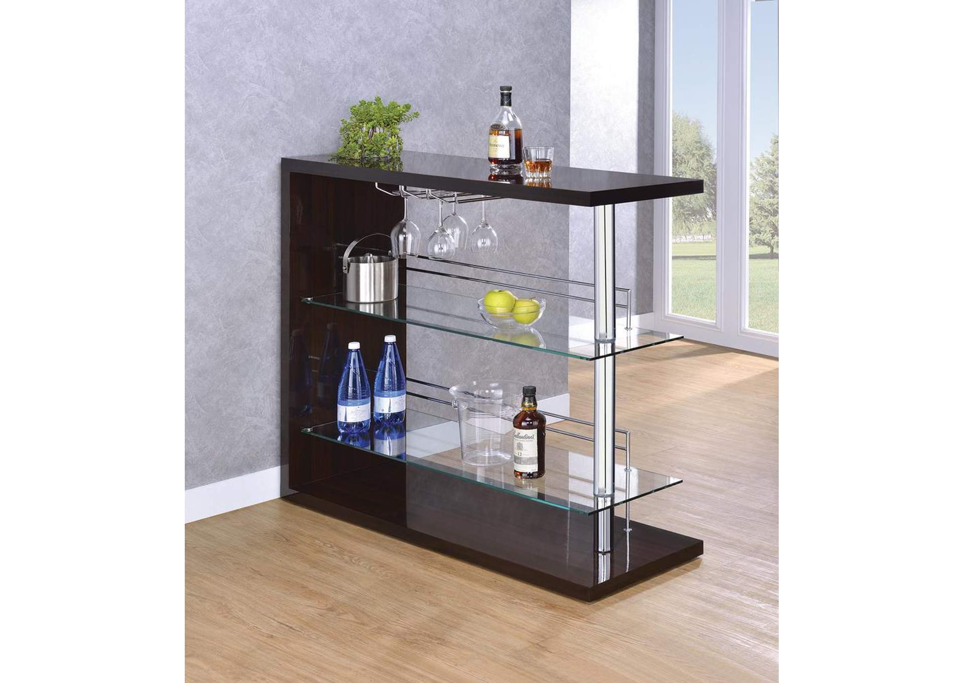 Cappuccino High Gloss Two-Shelf Contemporary Bar Unit,Coaster Furniture