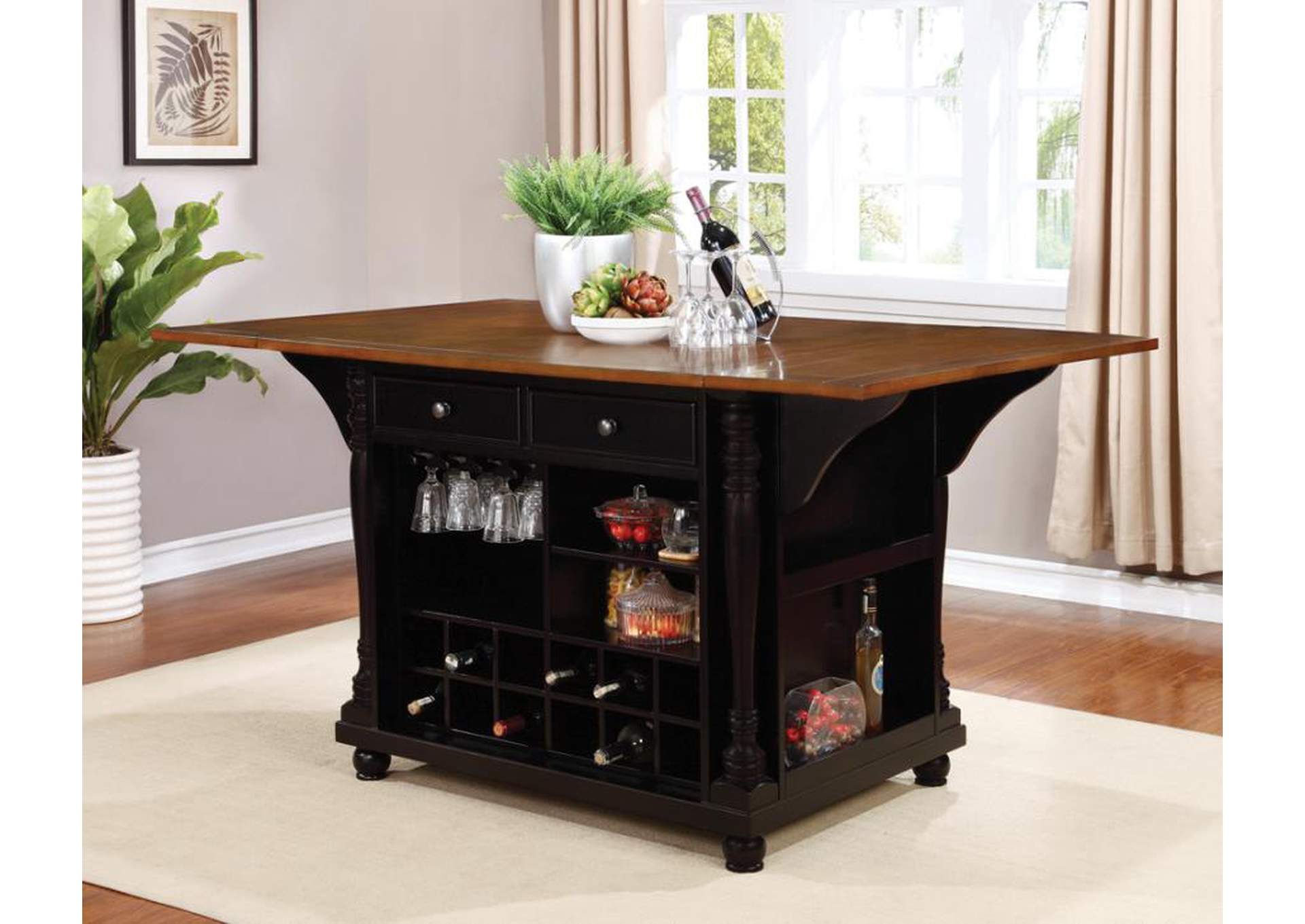Slater 2 - drawer Kitchen Island with Drop Leaves Brown and Black,Coaster Furniture