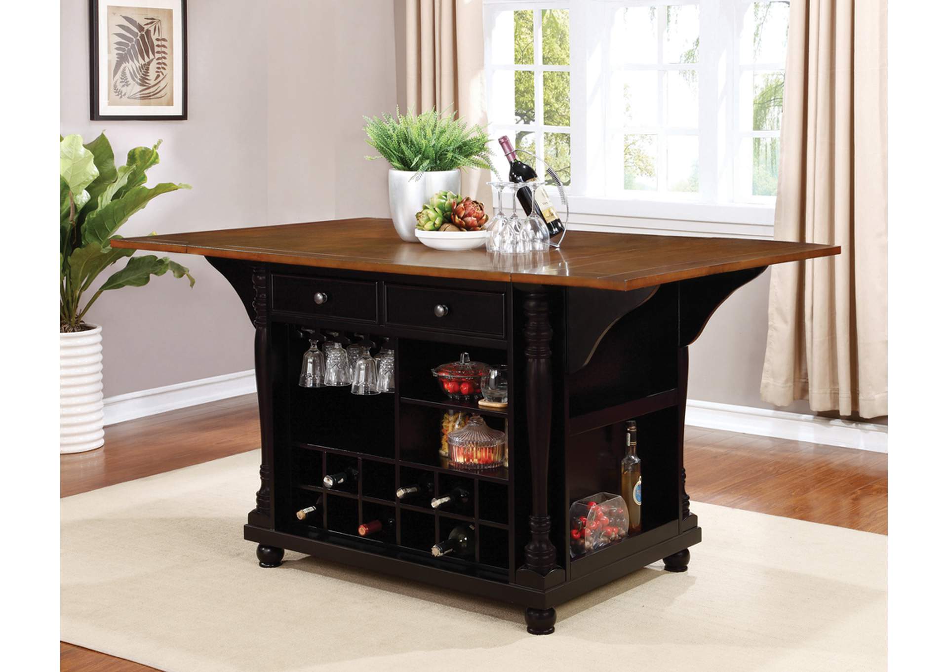 Slater 2-drawer Kitchen Island with Drop Leaves Brown and Black,Coaster Furniture