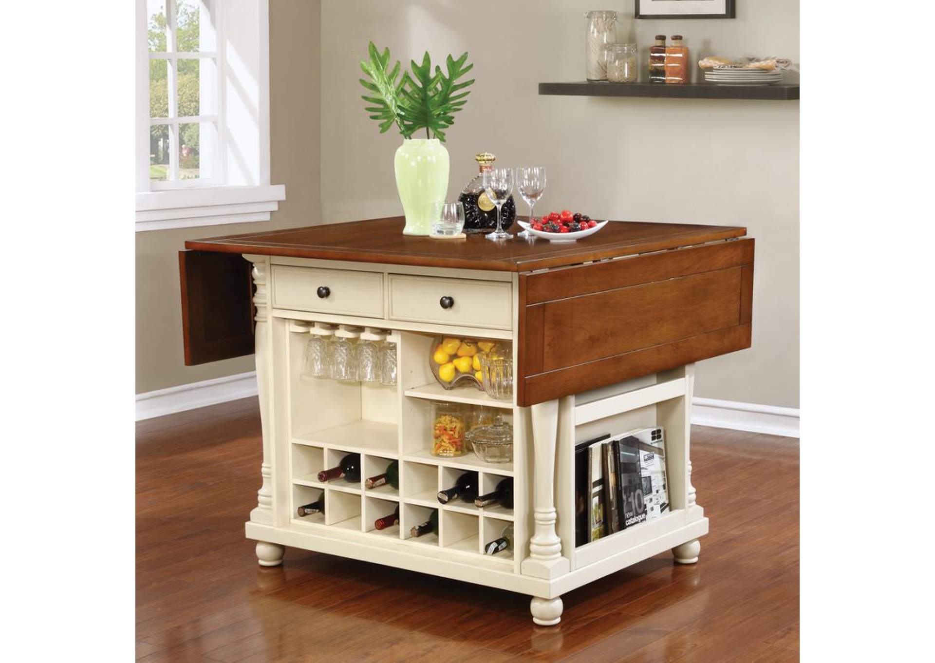 Slater 2 - drawer Kitchen Island with Drop Leaves Brown and Buttermilk,Coaster Furniture